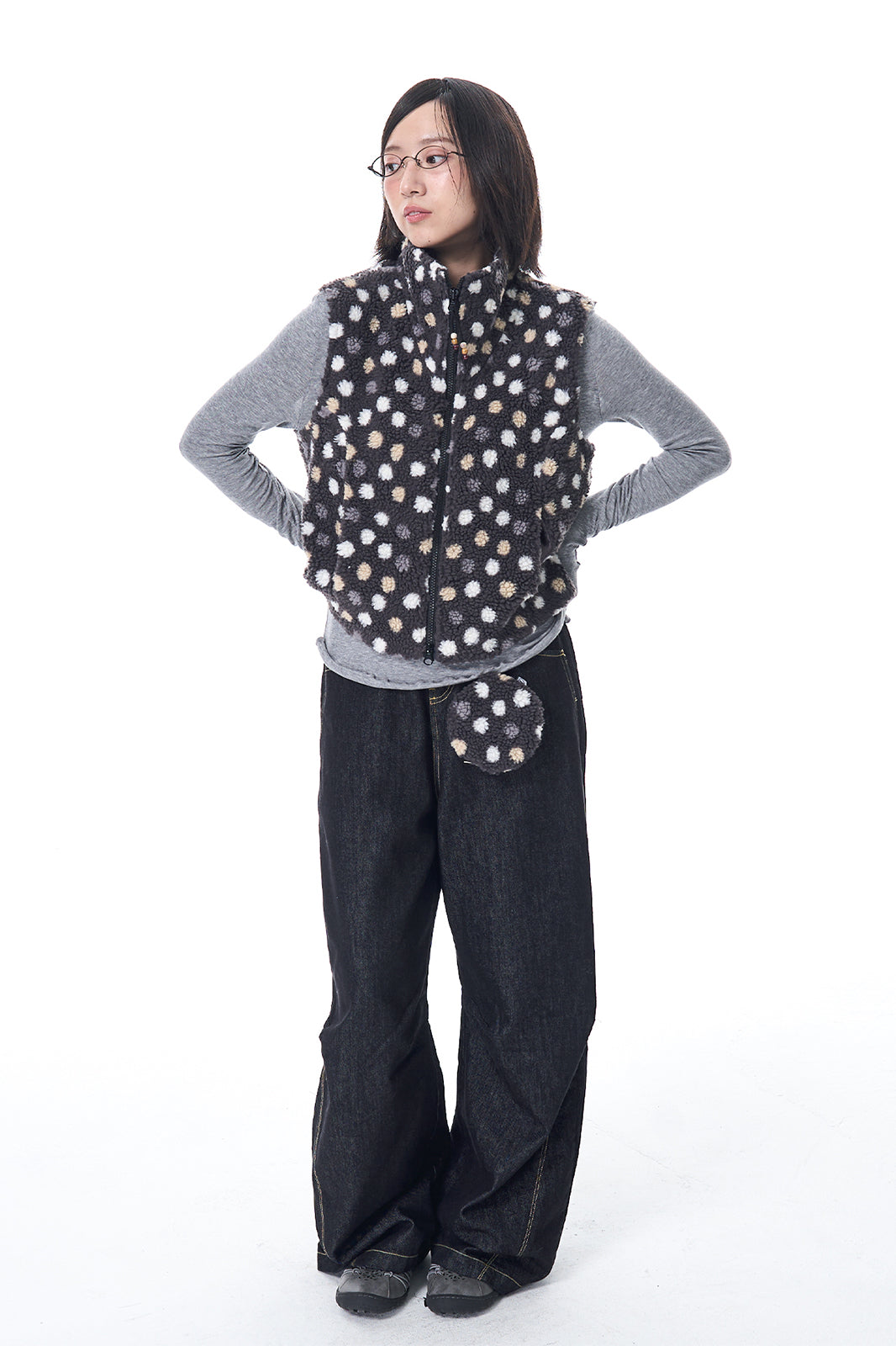 HSUSE Retro Polka-Dot Sherpa Zip-Up Vest