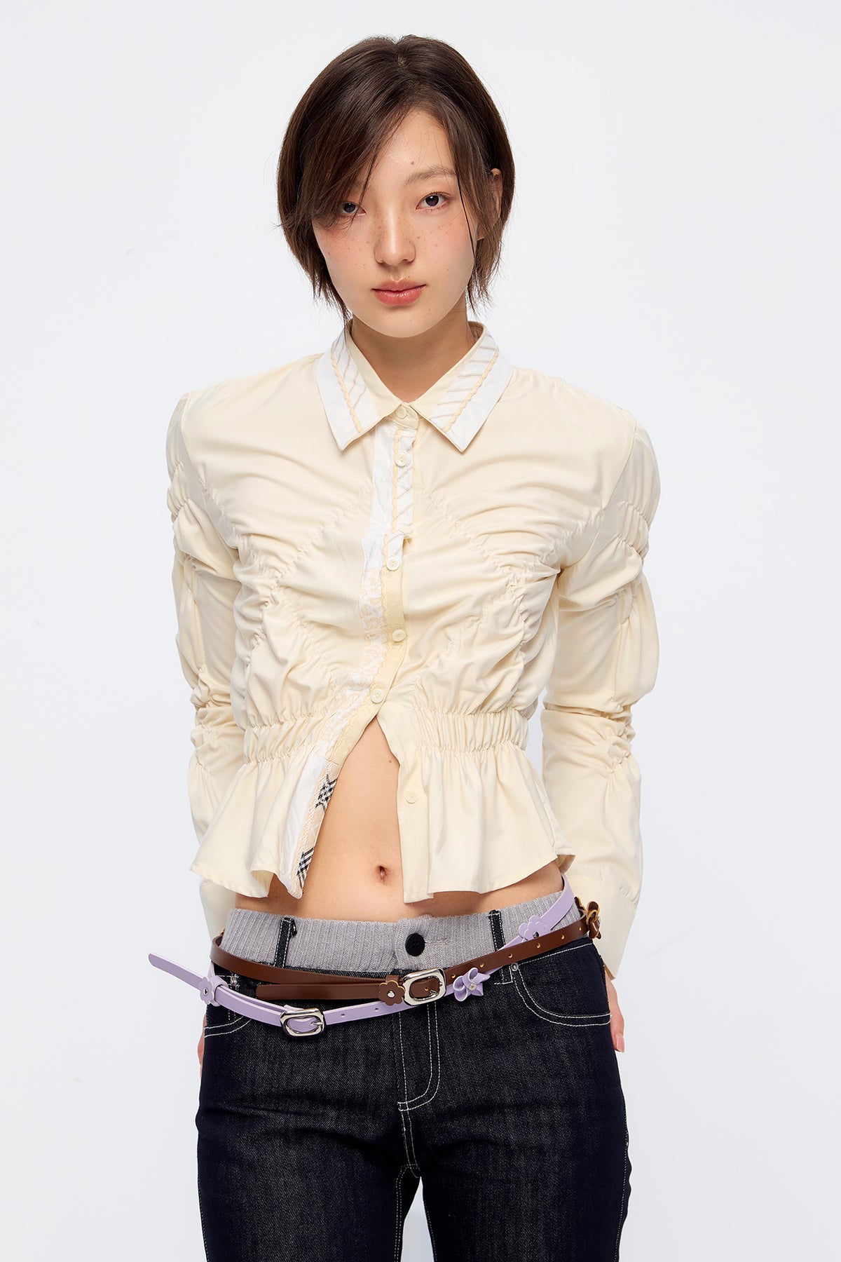 9266 STUDIO Asymmetrical Ruched Waist Shirt