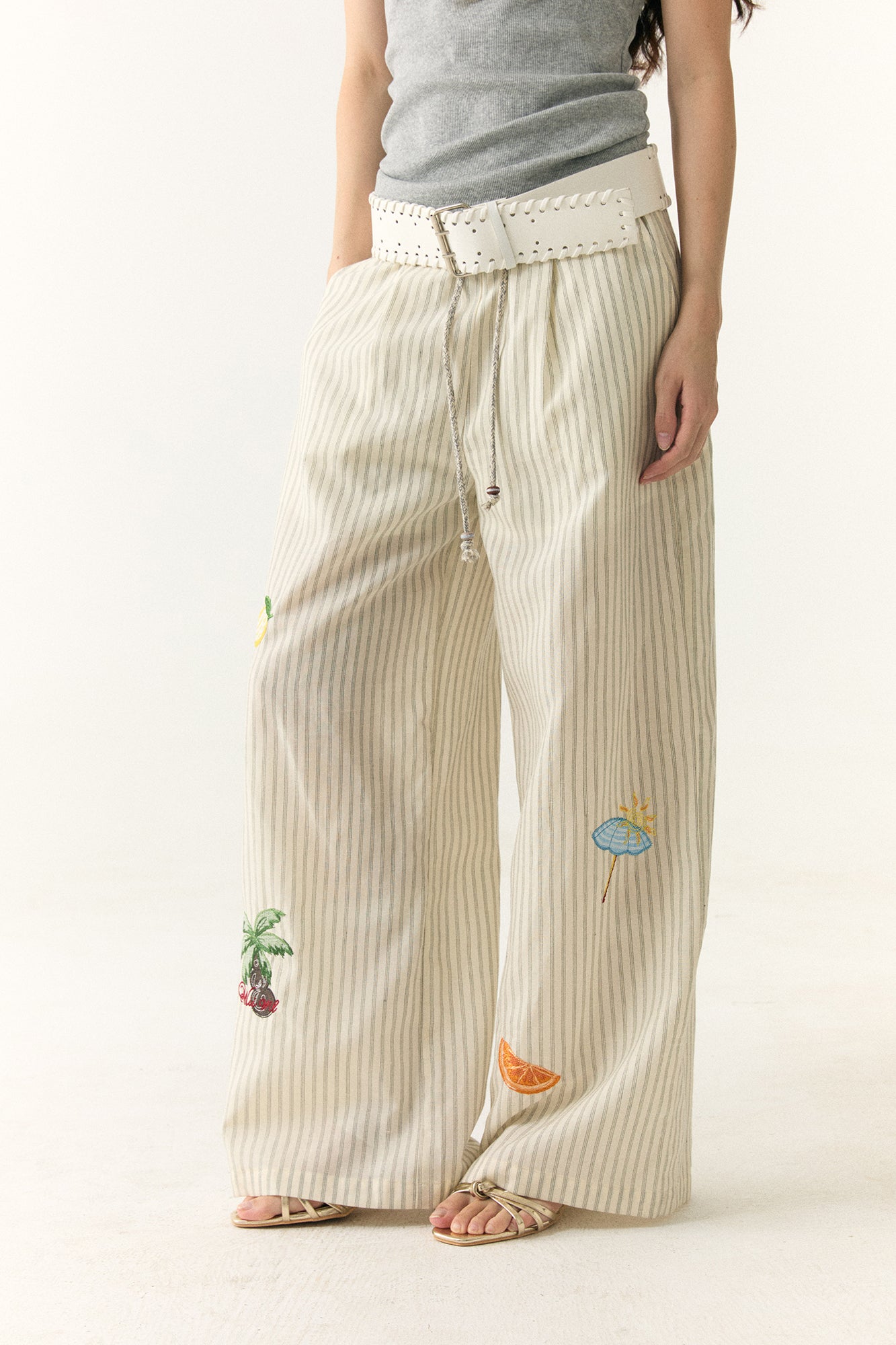 WII WIL Tropical Embroidered Stripe Wide-Leg Pants