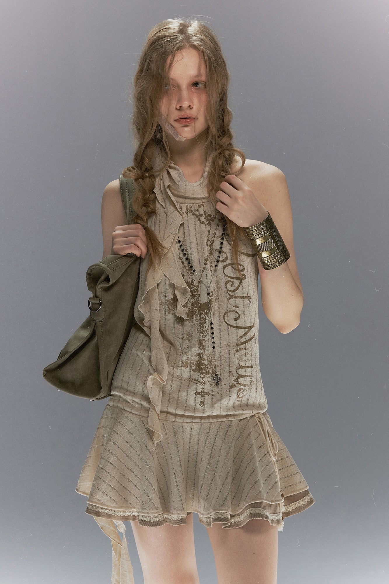 CESTNOUS Ruffled Lace Faux Layered Halter Mini Dress