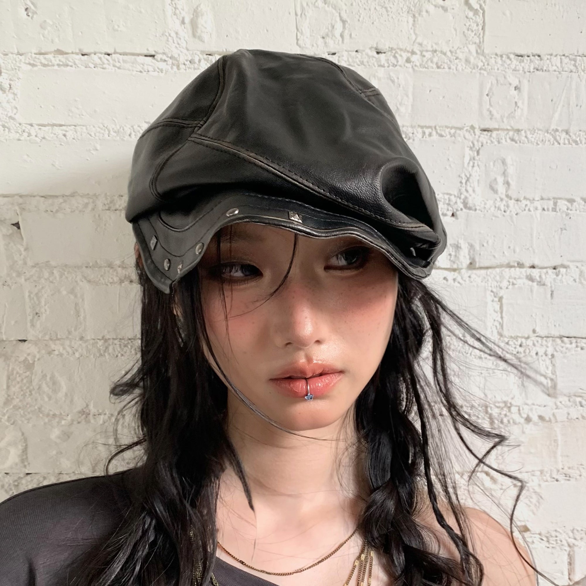 RIDK Faux Leather Studded Newsboy Cap