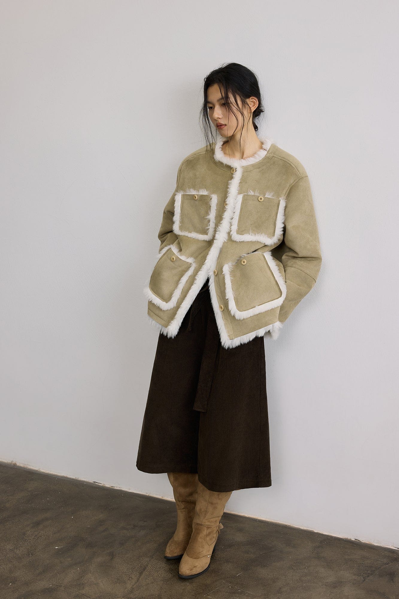 SAME FLOW Detachable Scarf Faux Shearling Suede Jacket