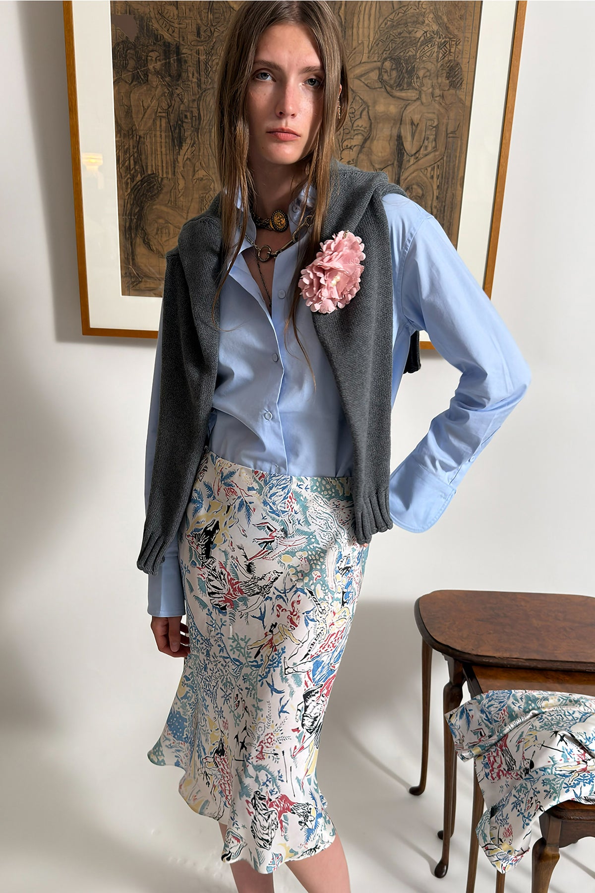 WINGFREE Retro Silk Floral Print Bias-Cut Midi Skirt