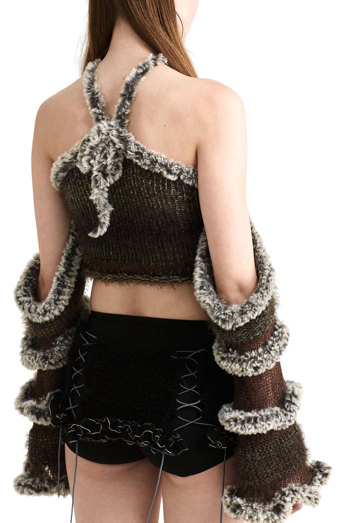 JUEJUEWORKS Fuzzy Trim Open-Knit Halter Top