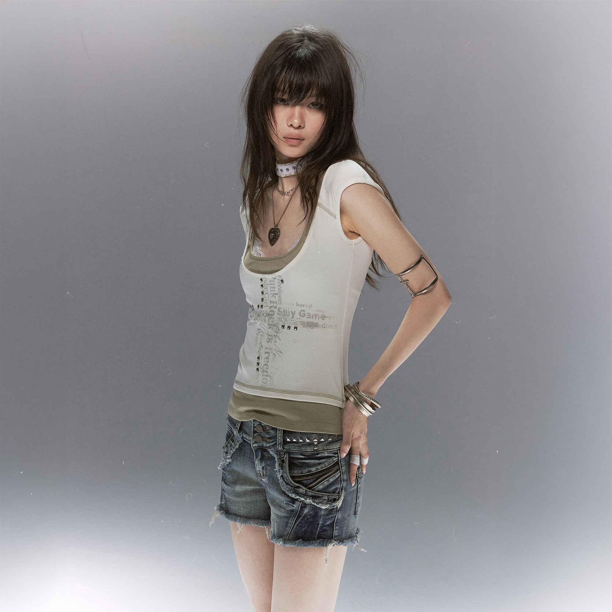 CESTNOUS Cross Graphic Rivet Faux Layered Tee