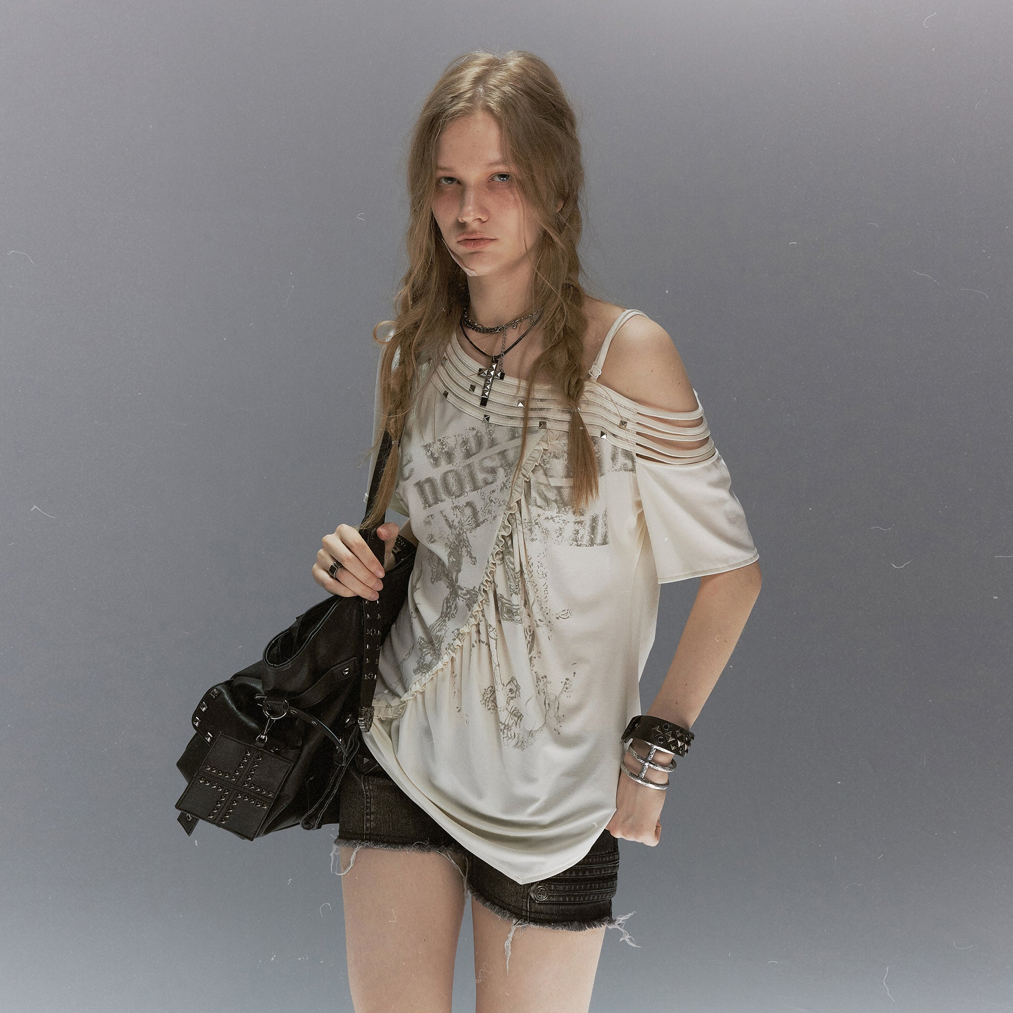 CESTNOUS Asymmetrical Studded Multi-Strap Graphic T-Shirt