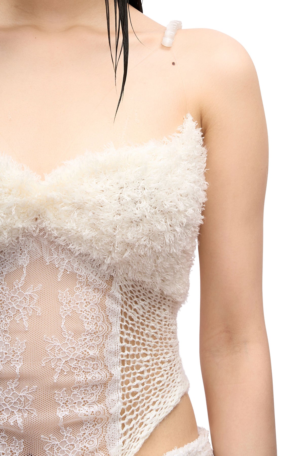 JUEJUEWORKS Lace Panel Fuzzy Trim Cami Top