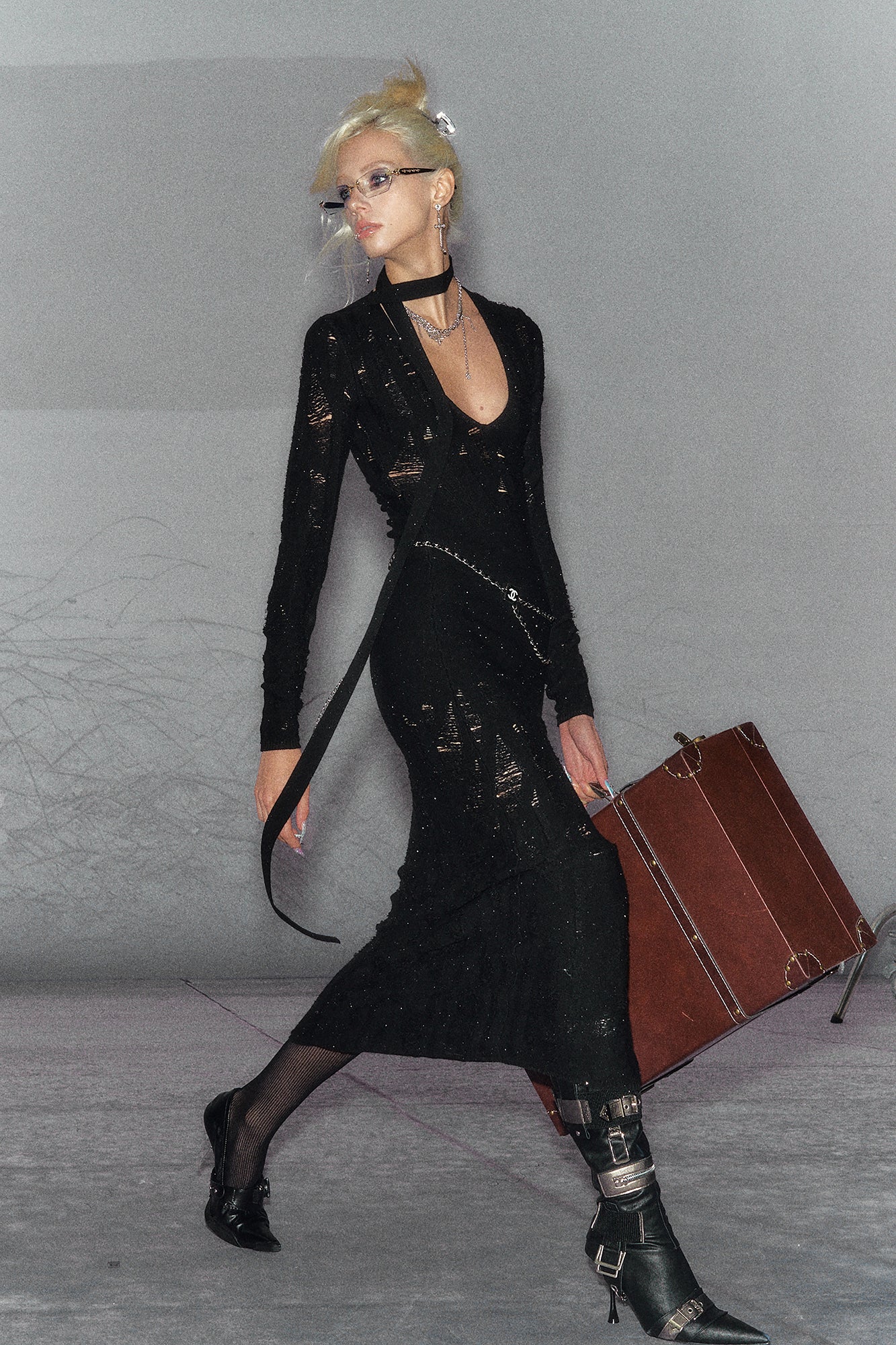 THE NEVERMORE Distressed Deep-V Knit Maxi Dress