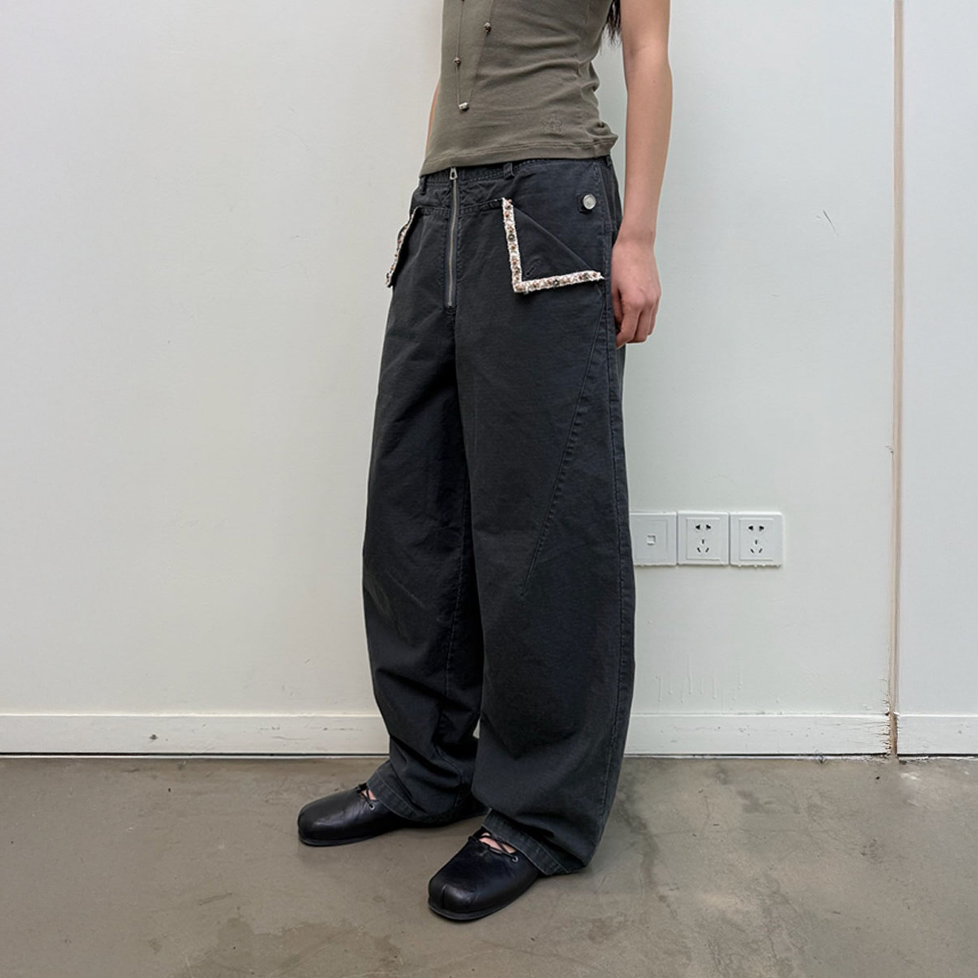 NEVERSEEZ Beaded-Trim Flap-Pocket Zip-Front Pants