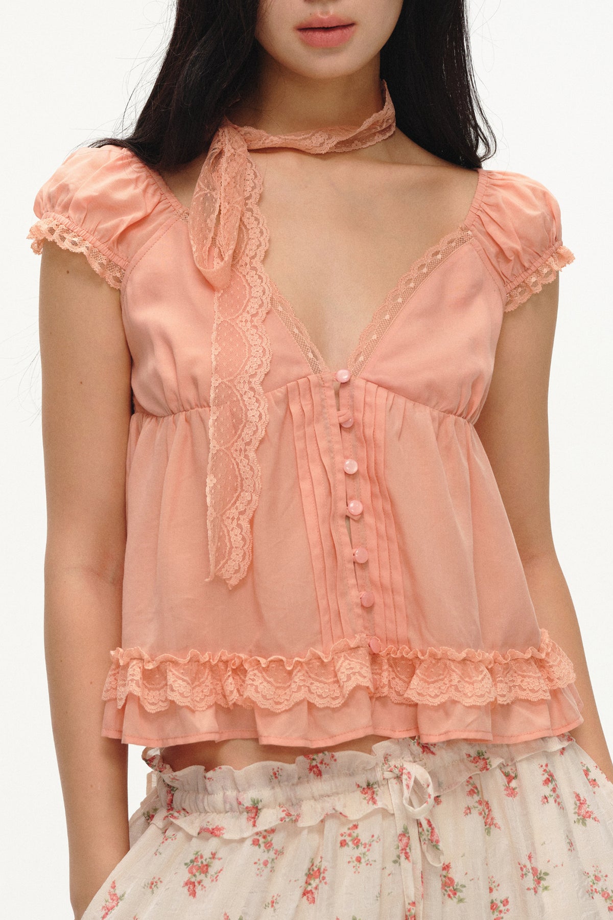 LVETONG Lace Bow Tie-Front Puff Sleeve T-Shirt