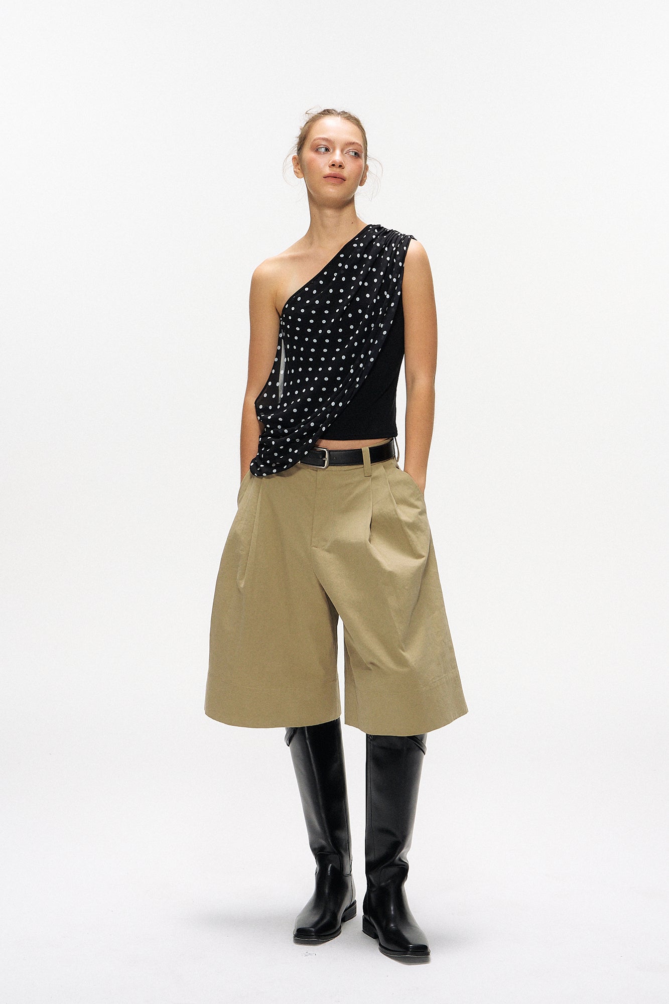 10AMSOTIIIIIIRED Asymmetrical Convertible Draped Overlay Top