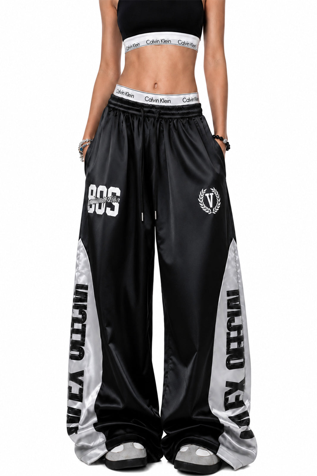 FREE CENTER Spliced Glossy Wide-Leg Sweatpants