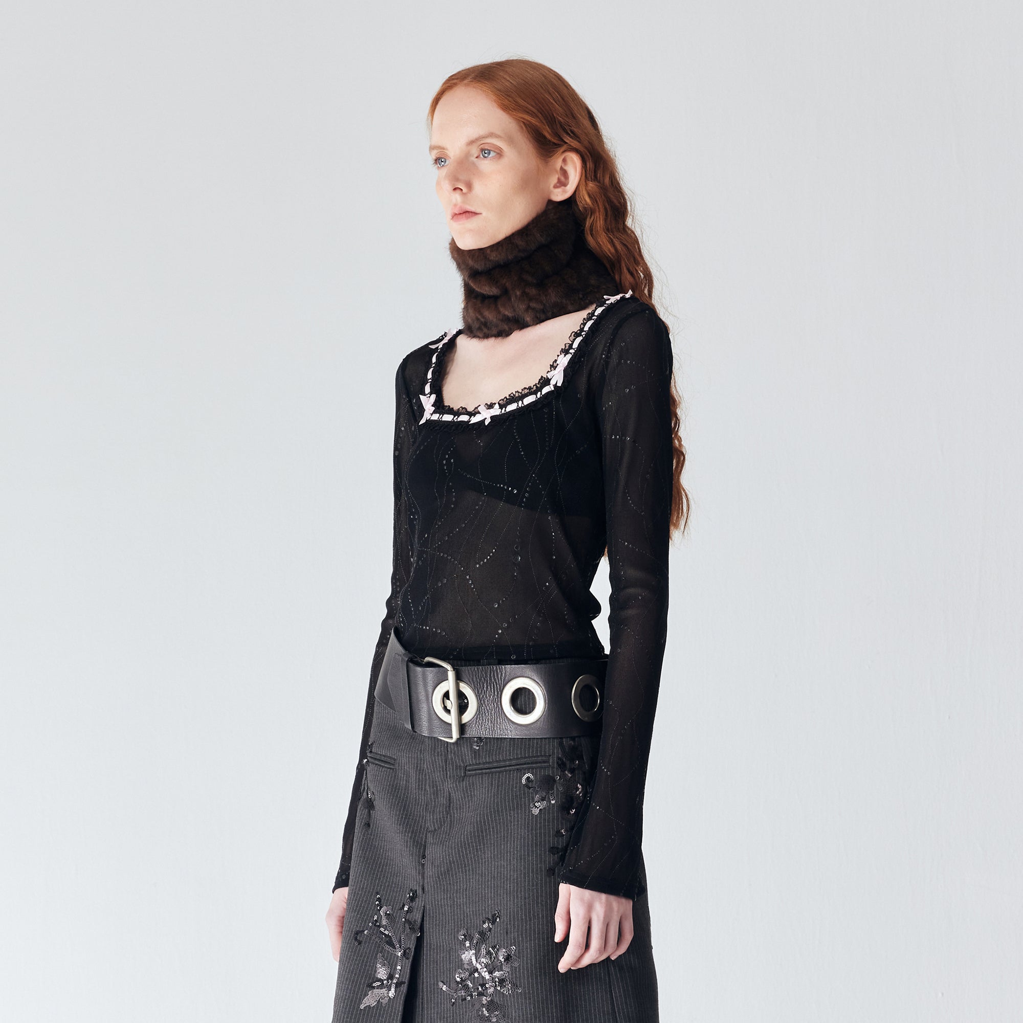 JIUWU PARK Contrast Bow-Trim Mesh Long-Sleeve Tee
