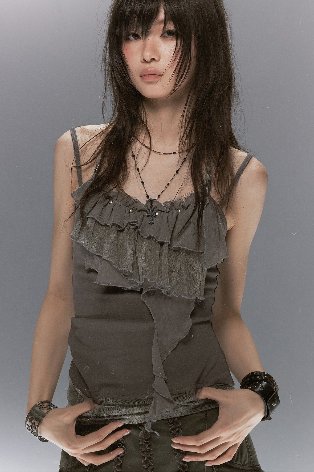 CESTNOUS Ruffled Lace Layered Beaded Camisole Top