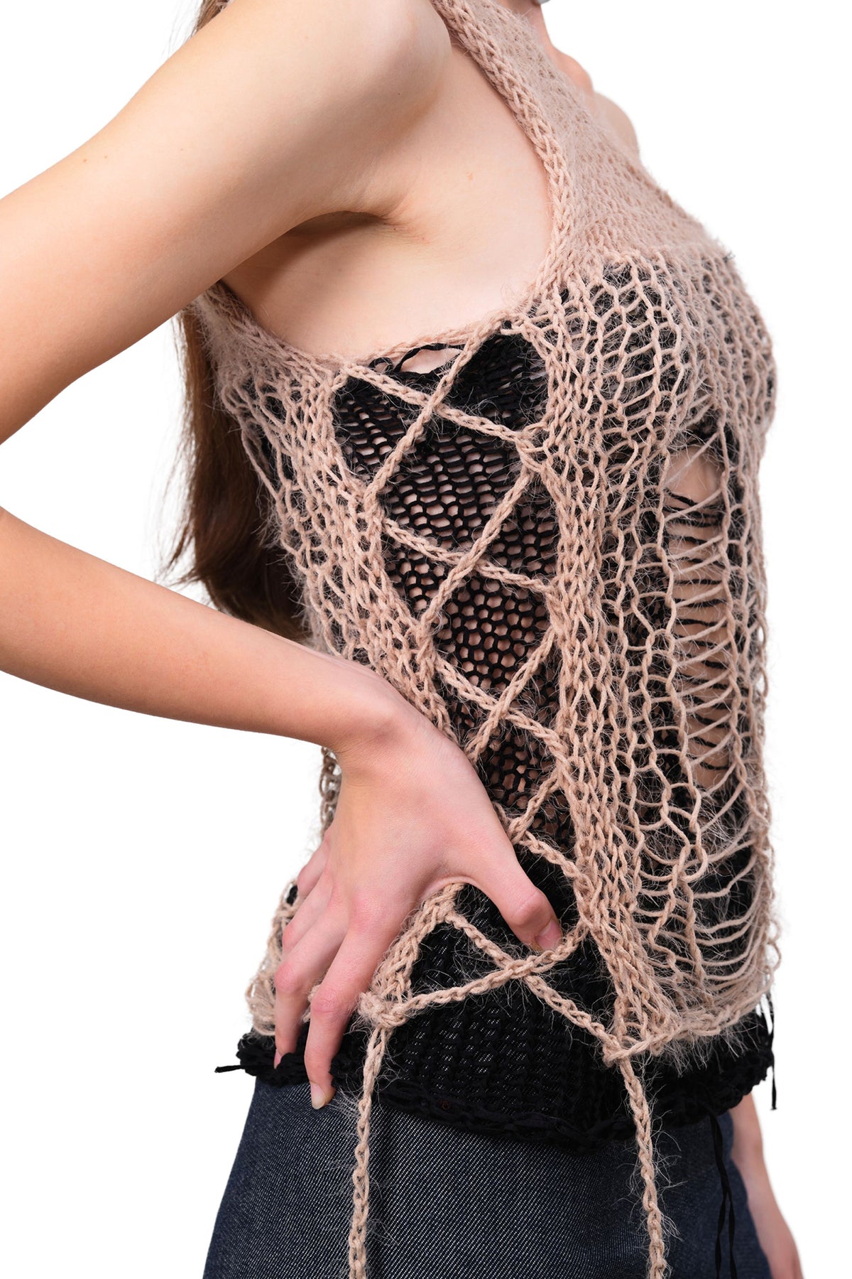 JUEJUEWORKS Open-Knit One-Shoulder Layered Tank Top
