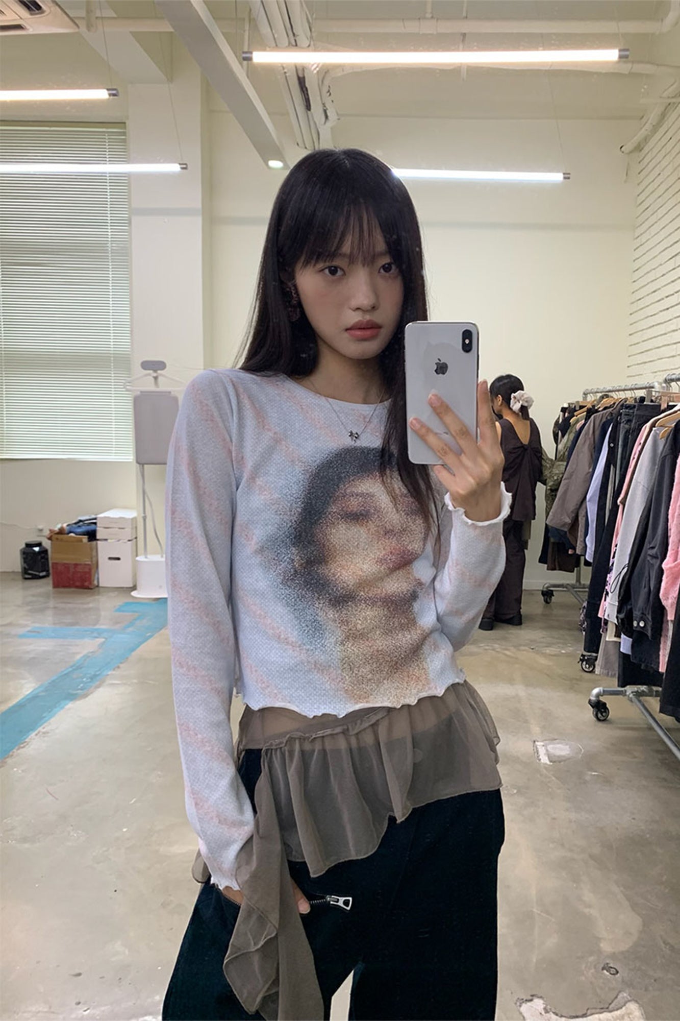 NEVERSEEZ Blurred Portrait Diagonal-Stripe Long-Sleeve Tee