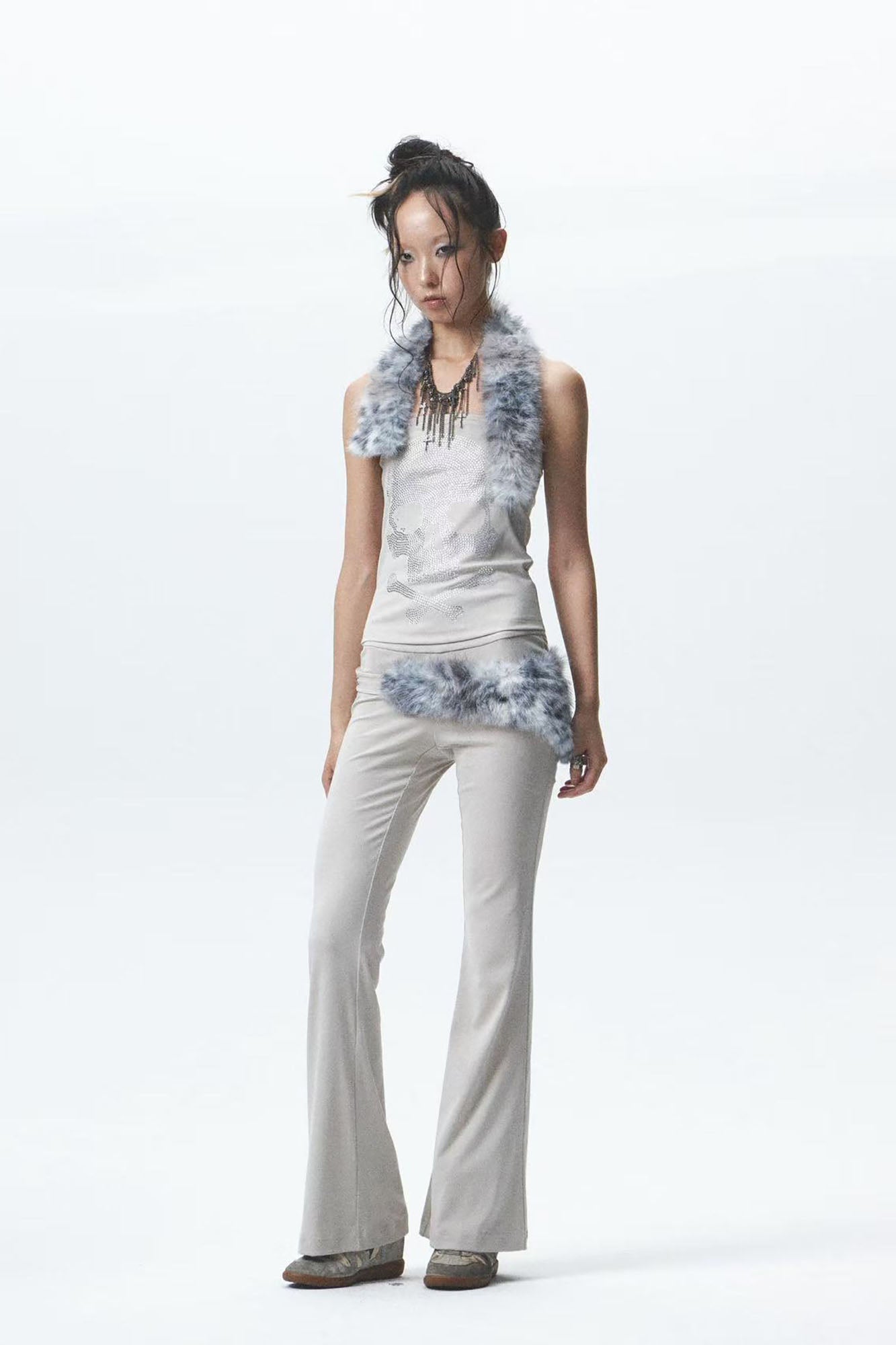 NONAME SPACE Detachable Faux Fur Trim Strapless Top