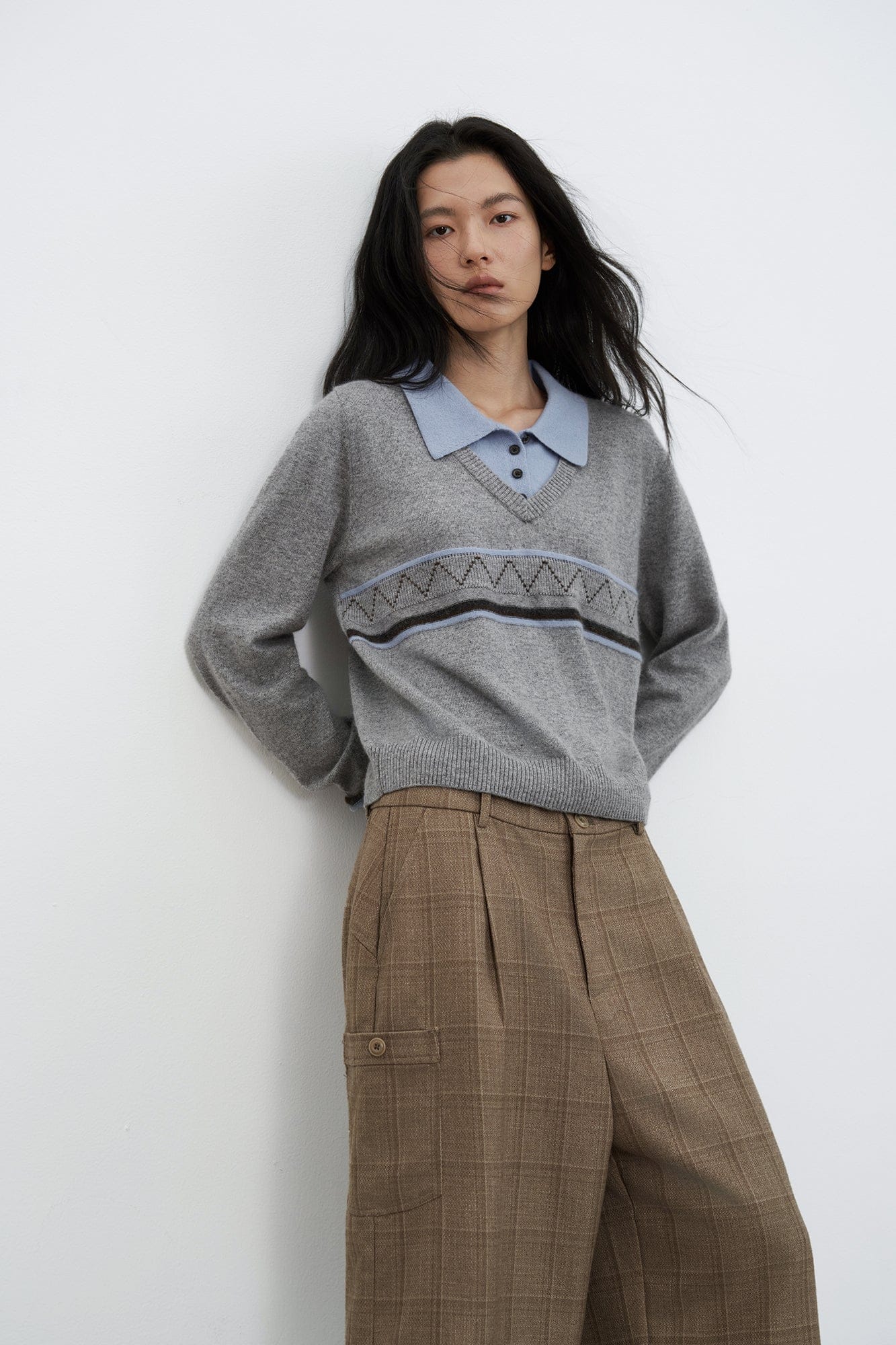 SAME FLOW Faux-Layered Knit Polo Sweater