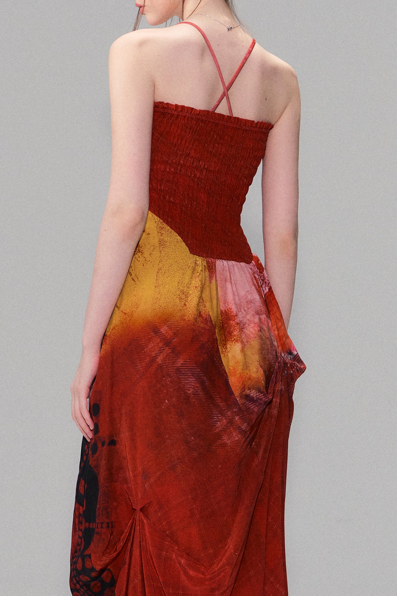 THE NEVERMORE Asymmetric Shirred Spliced Maxi Dress