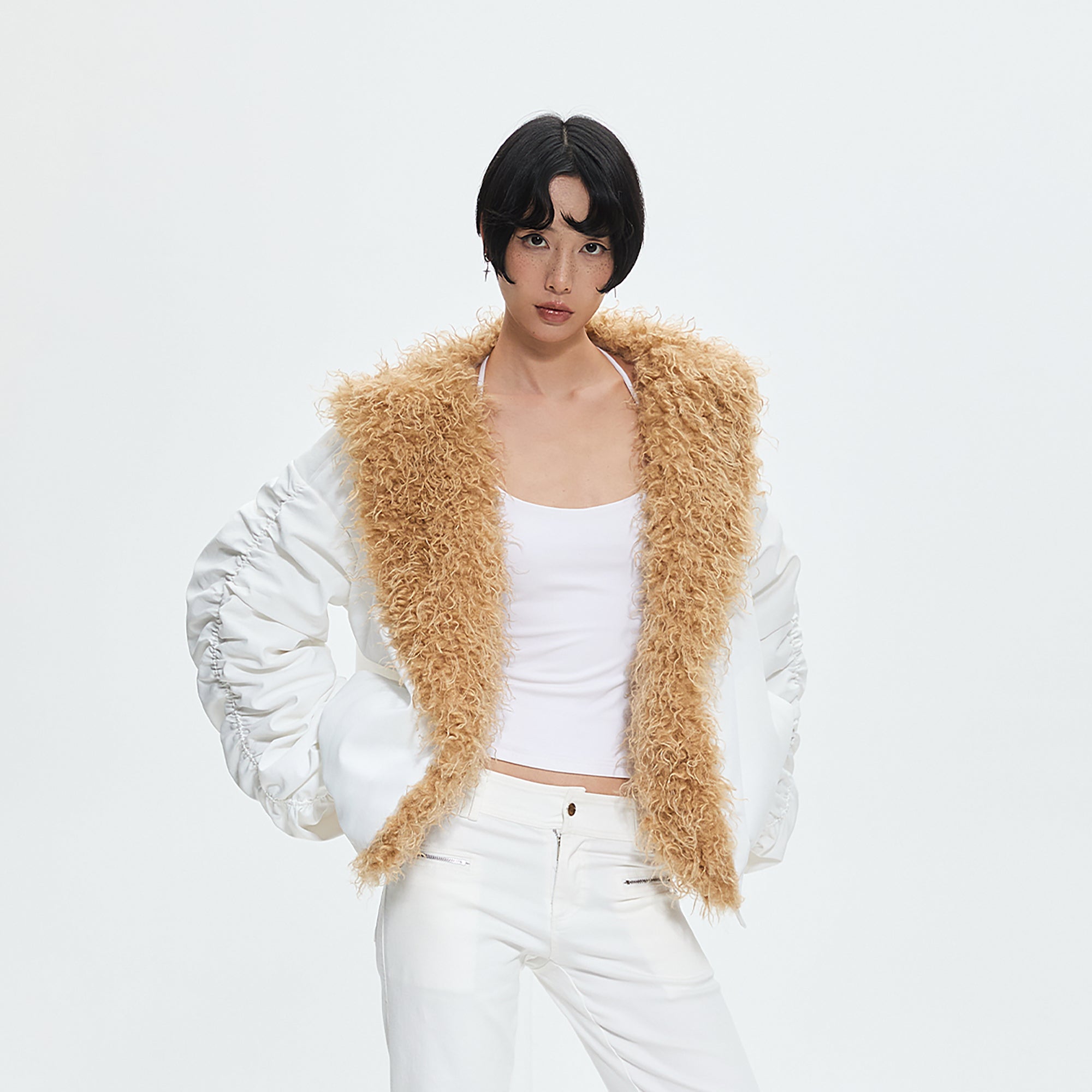 AE30 SAINT Faux Fur Trim Ruched Sleeve Parka