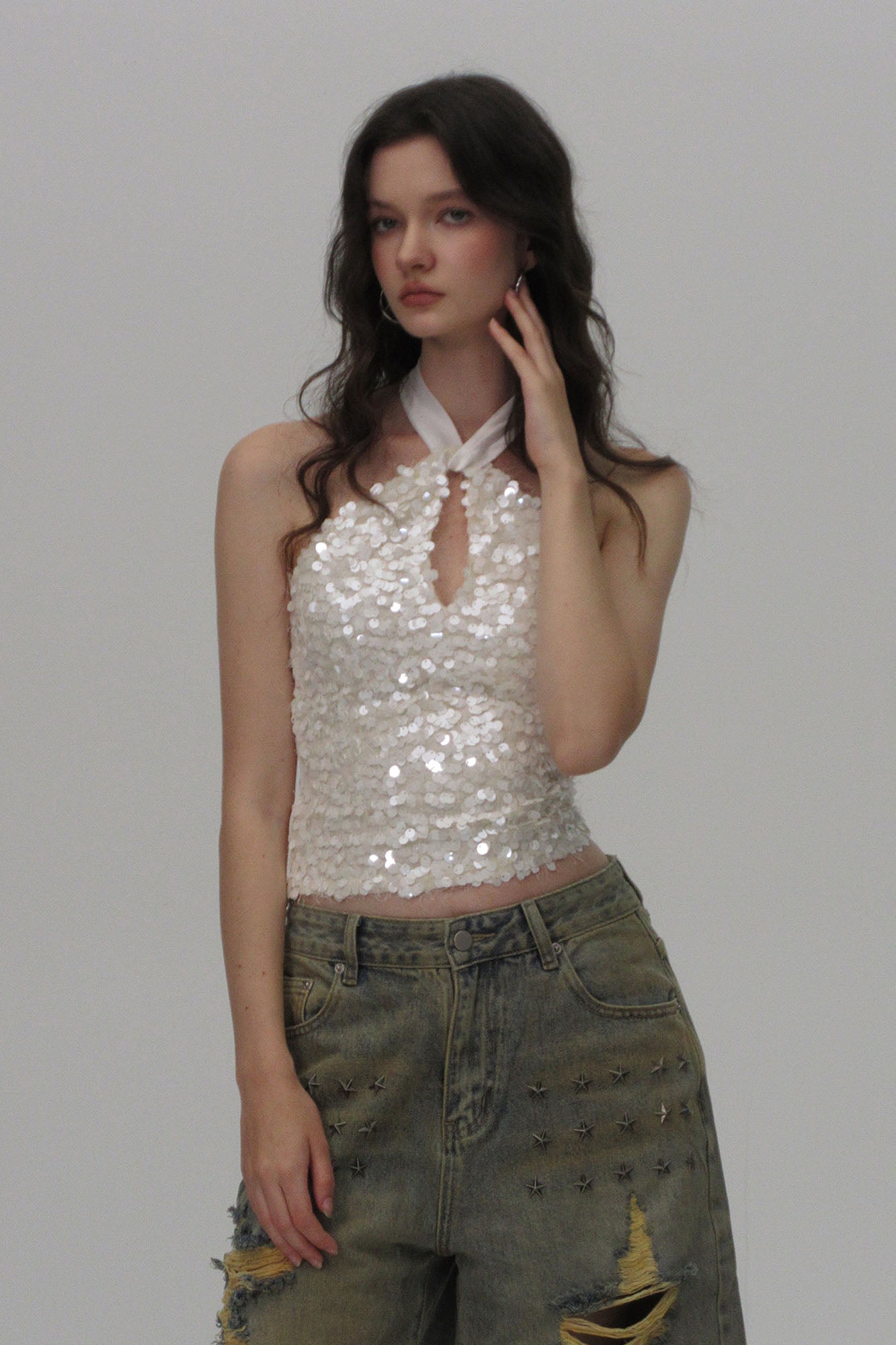 AE30 SAINT Sequin Keyhole Halter Top