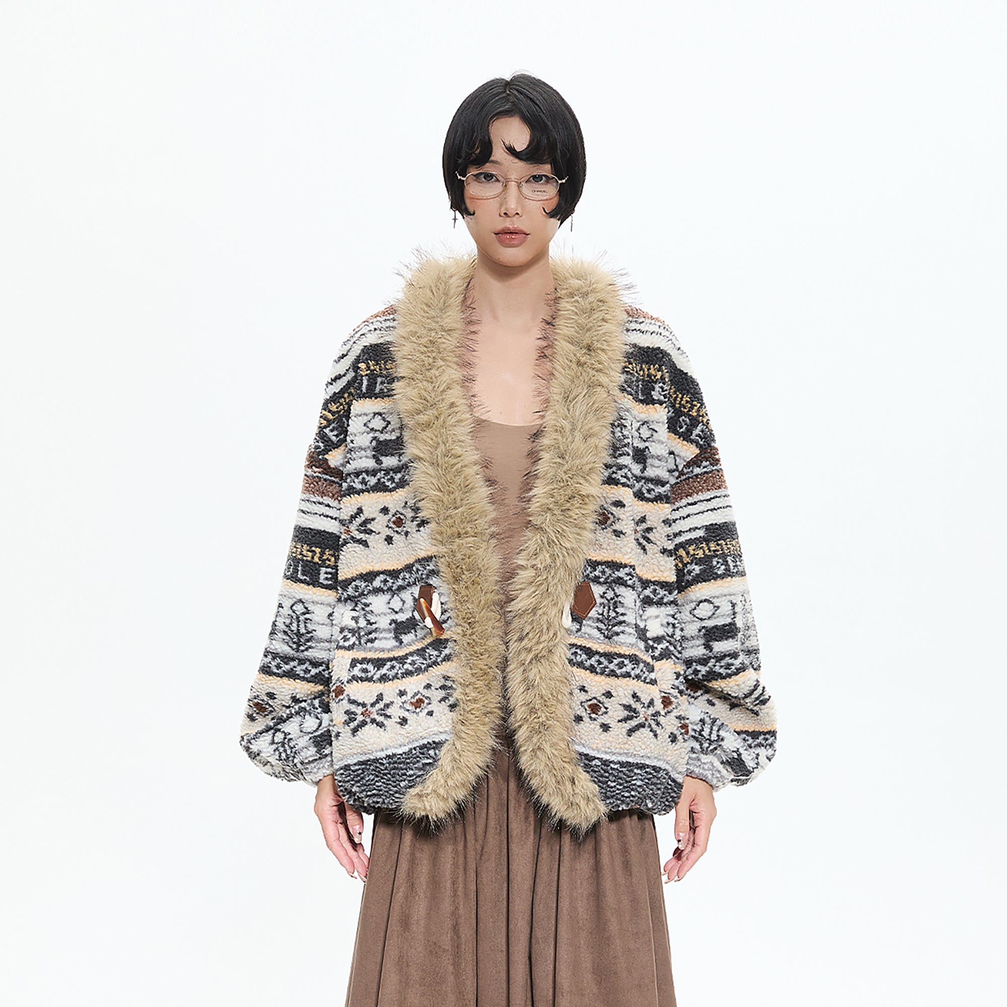 AE30 SAINT Toggle Clasps Fair Isle Sherpa Coat