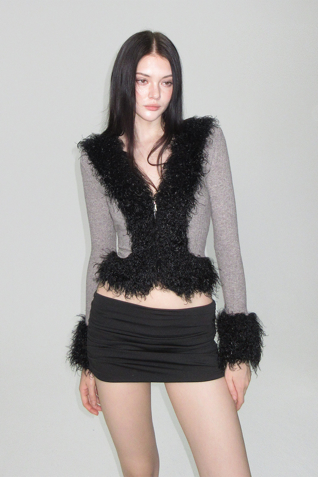 AE30 SAINT Belted Faux Fur Trim Two-Way Zip Cardigan