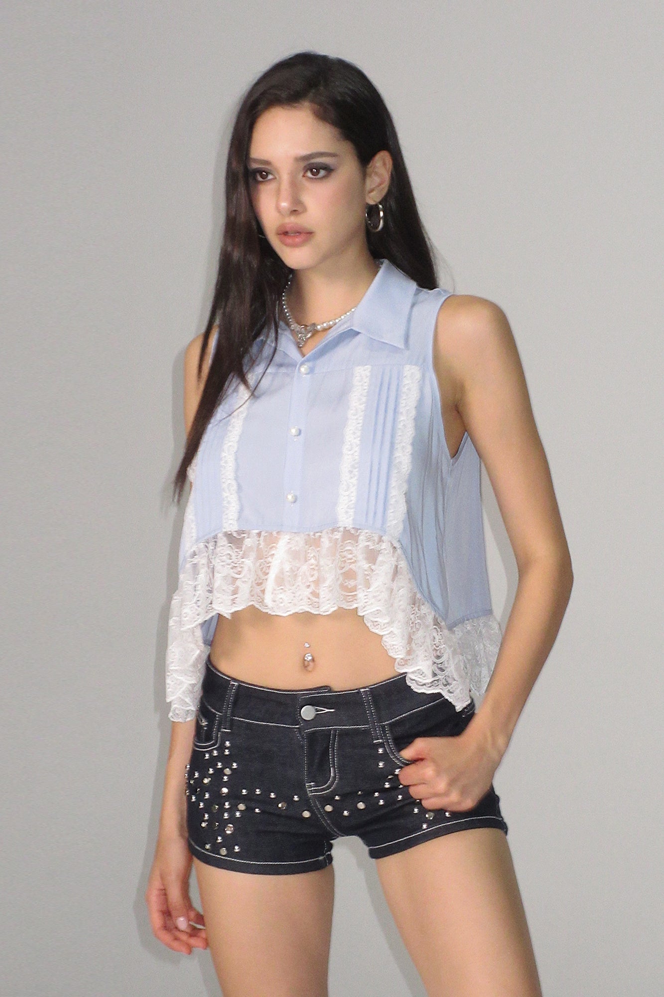 AE30 SAINT Low-Rise Studded Denim Shorts