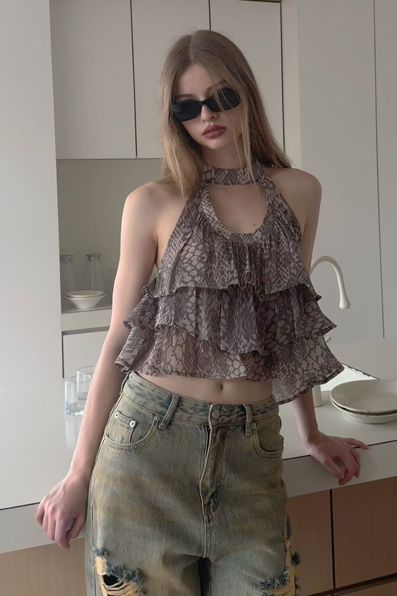 AE30 SAINT Snake Full-Print Halter Ruffle Top