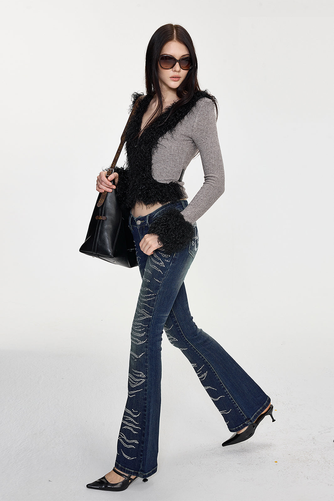 AE30 SAINT Belted Faux Fur Trim Two-Way Zip Cardigan