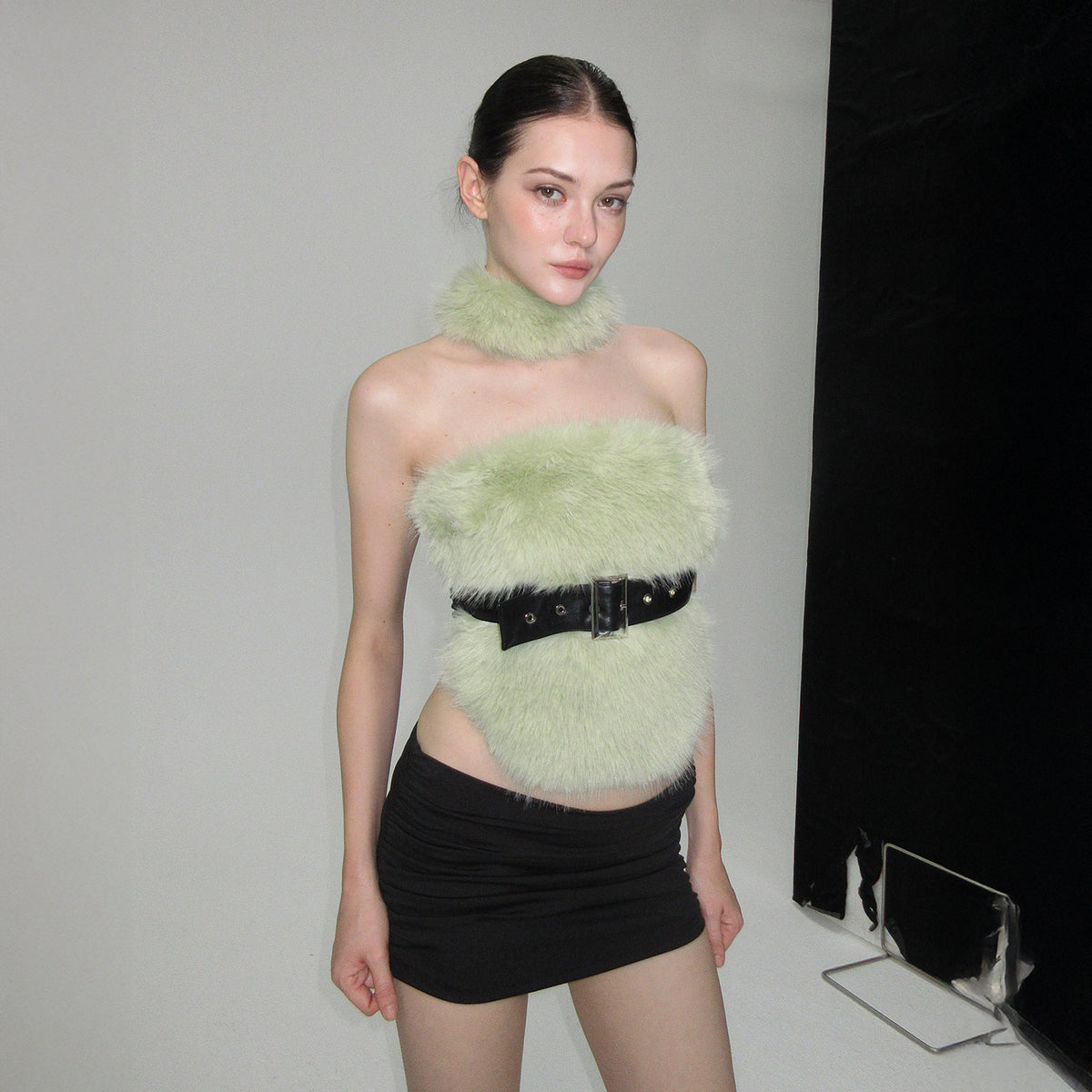 AE30 SAINT Faux Fur Spliced Belted Halter Top