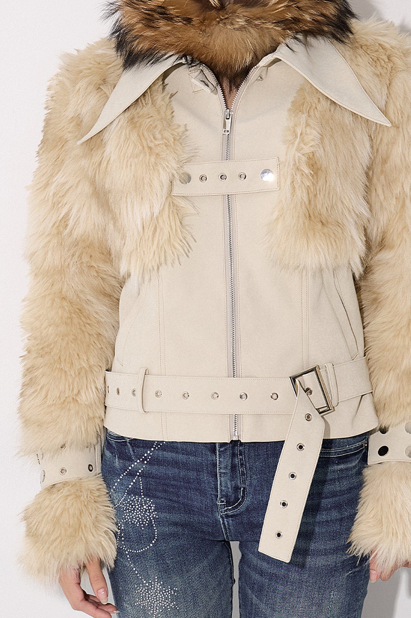 AE30 SAINT Faux Fur Trim PU Moto Jacket