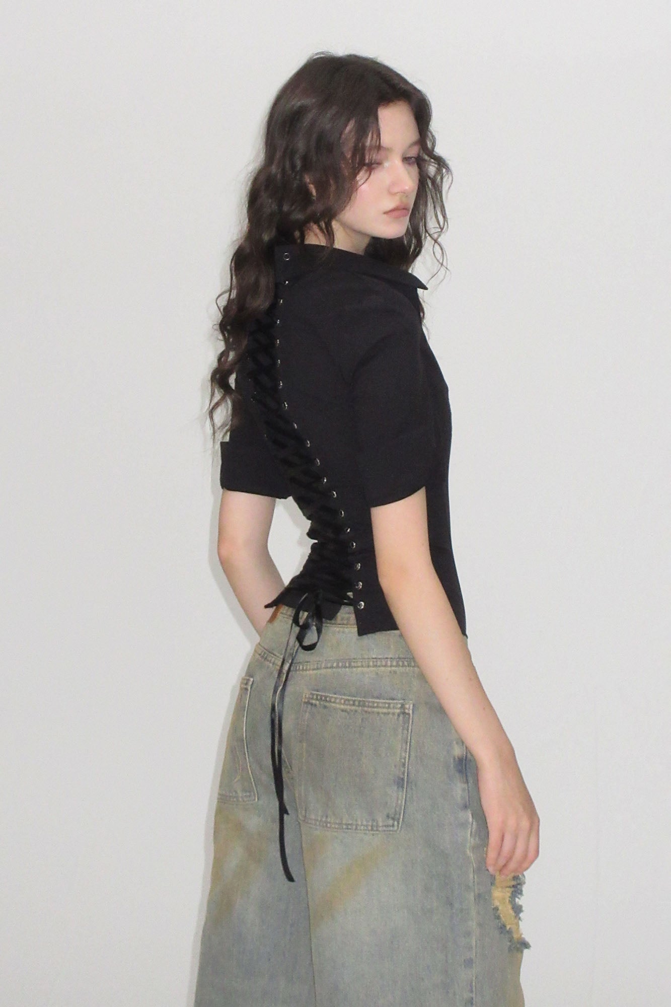 AE30 SAINT Hook-Front Lace-Up Back Corset Shirt