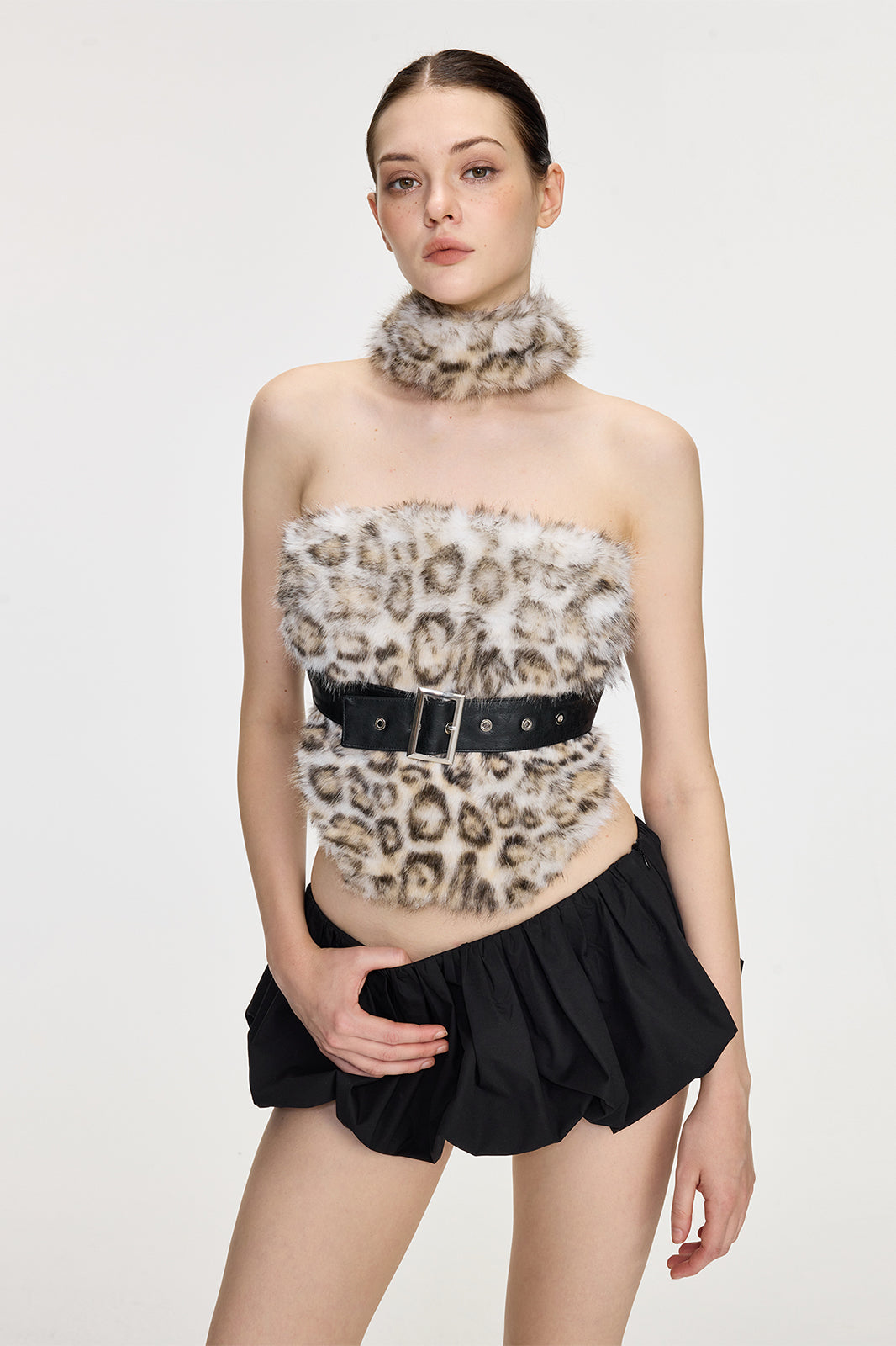 AE30 SAINT Faux Fur Spliced Belted Halter Top