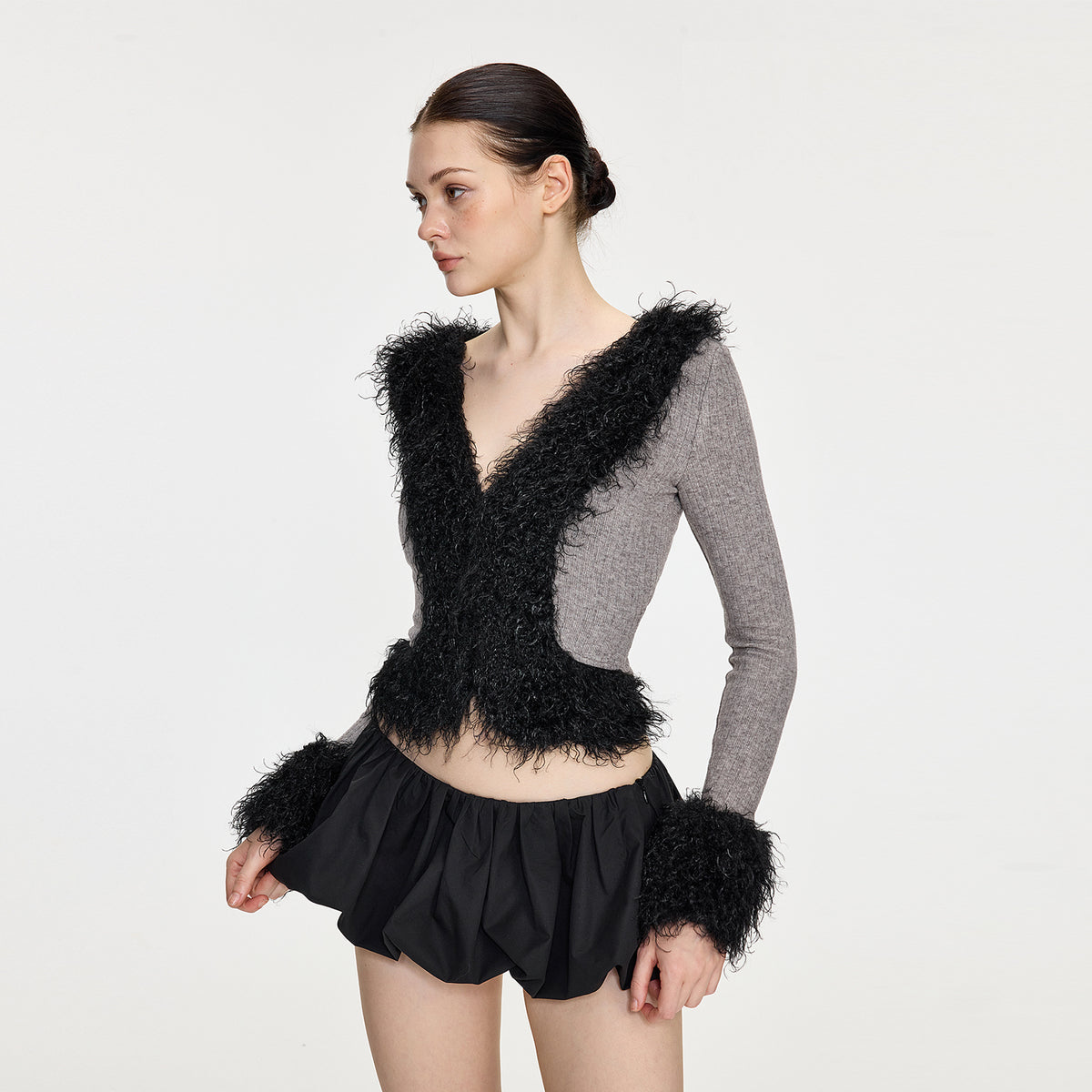 AE30 SAINT Belted Faux Fur Trim Two-Way Zip Cardigan