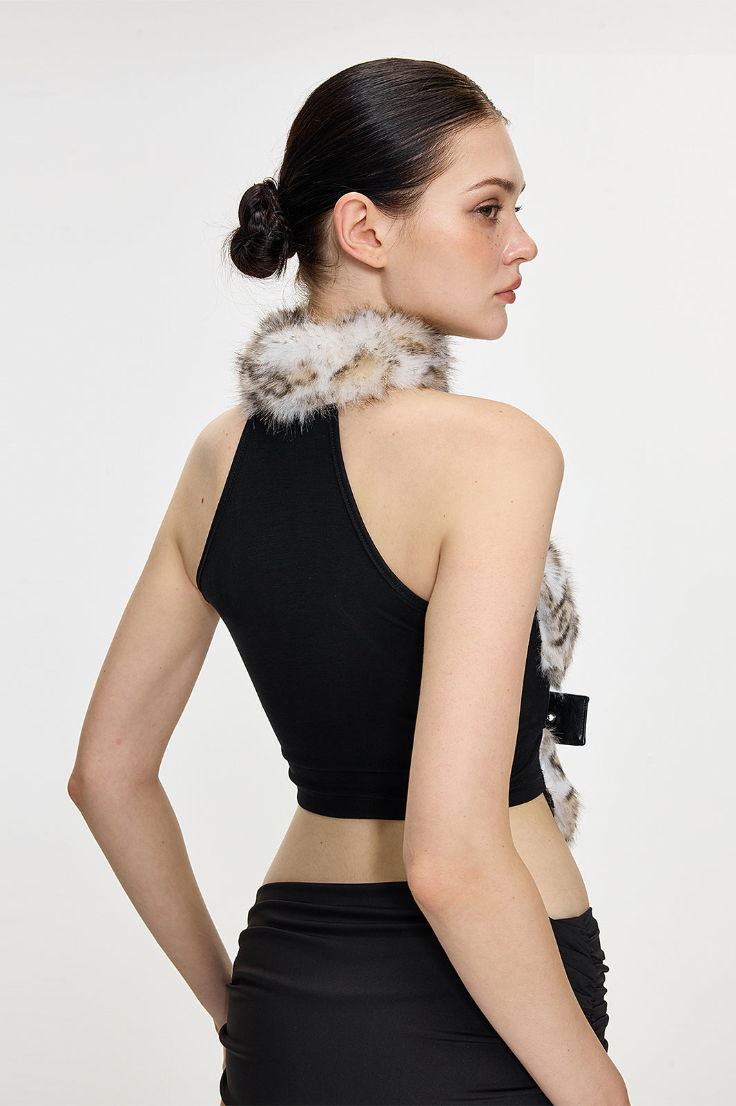 AE30 SAINT Faux Fur Spliced Belted Halter Top