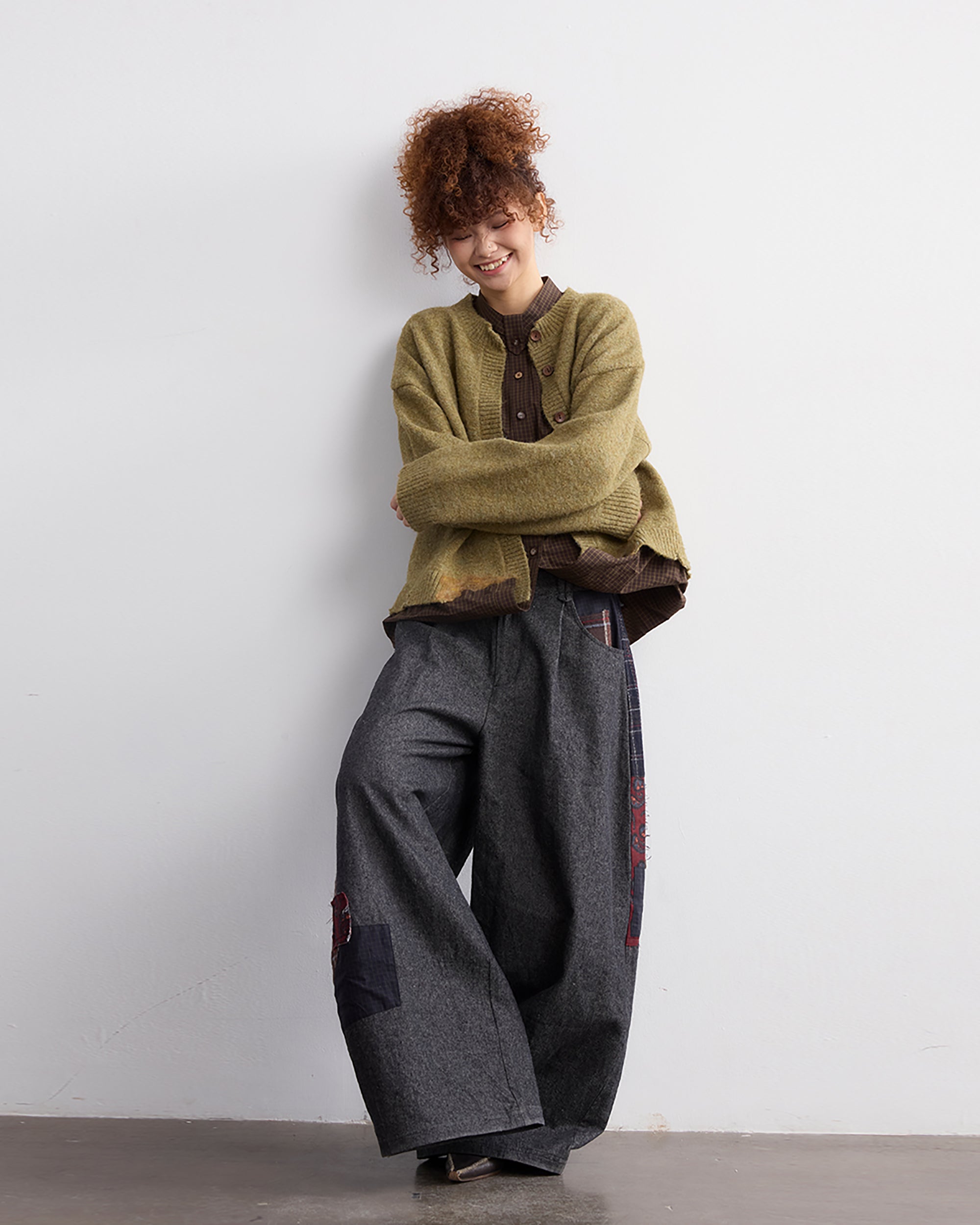NOESE Plaid Patchwork Pleated Oversized Pants