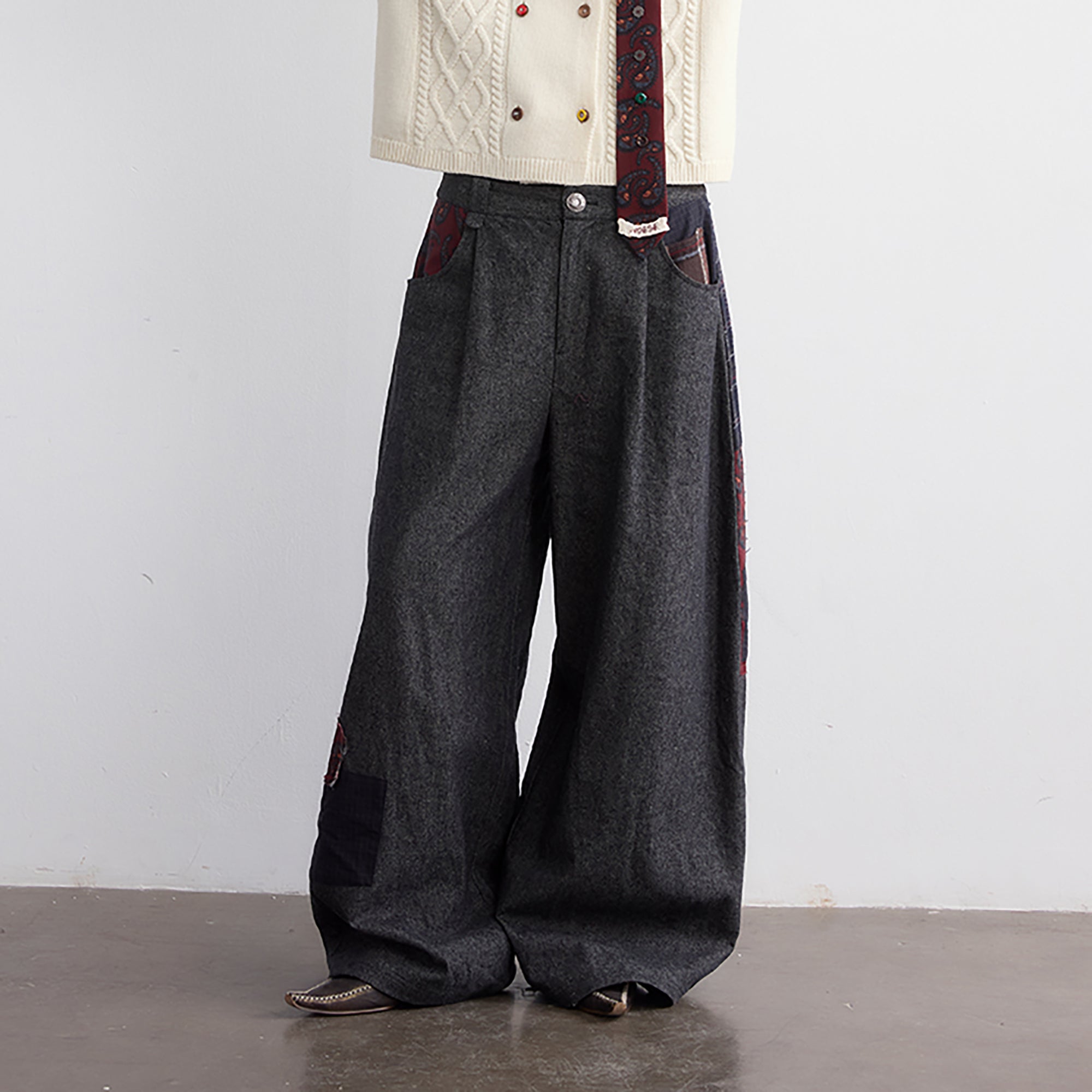 NOESE Plaid Patchwork Pleated Oversized Pants
