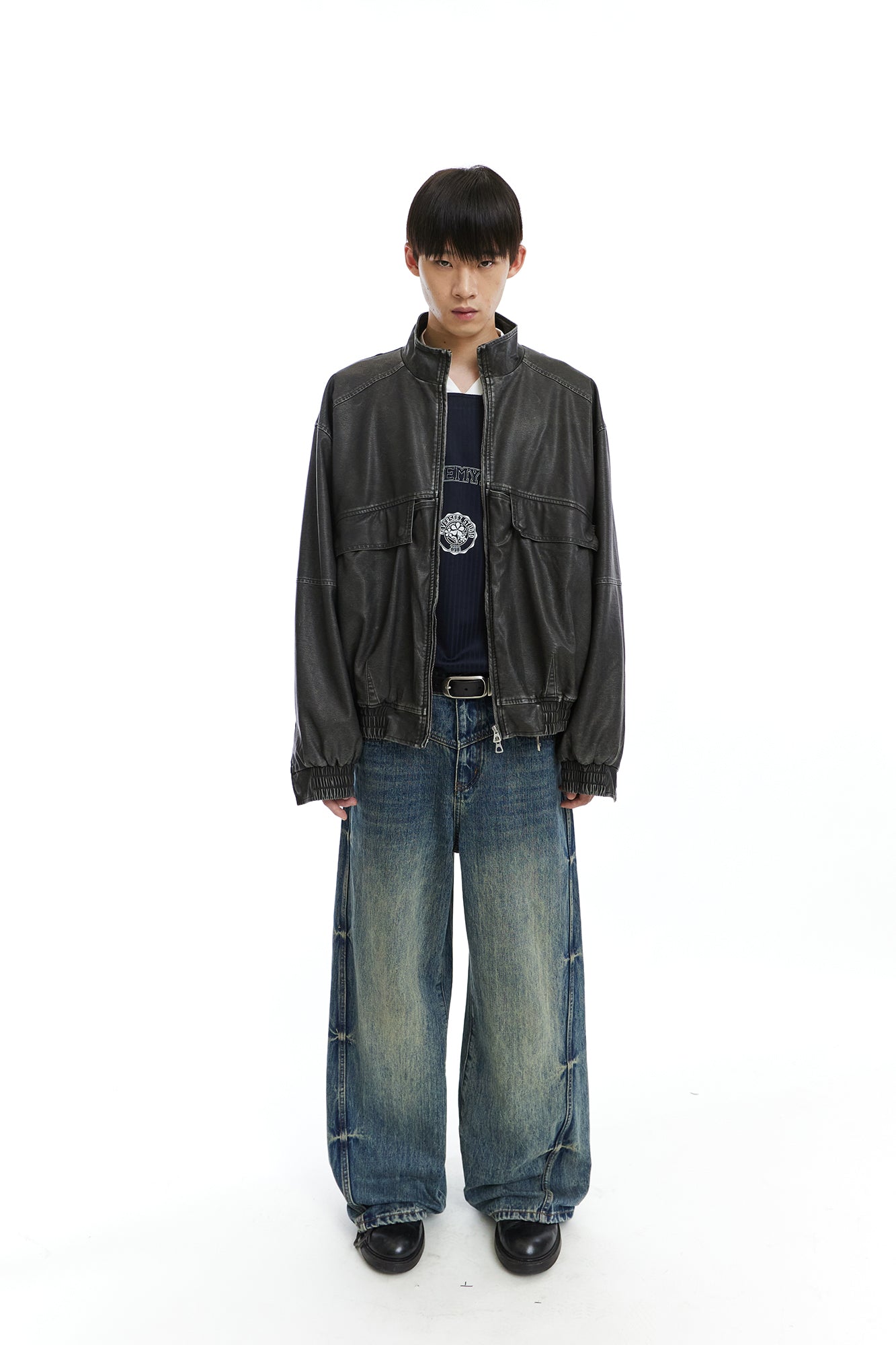 NEVERSEEZ Washed Faux Leather Zip-Up Bomber Jacket