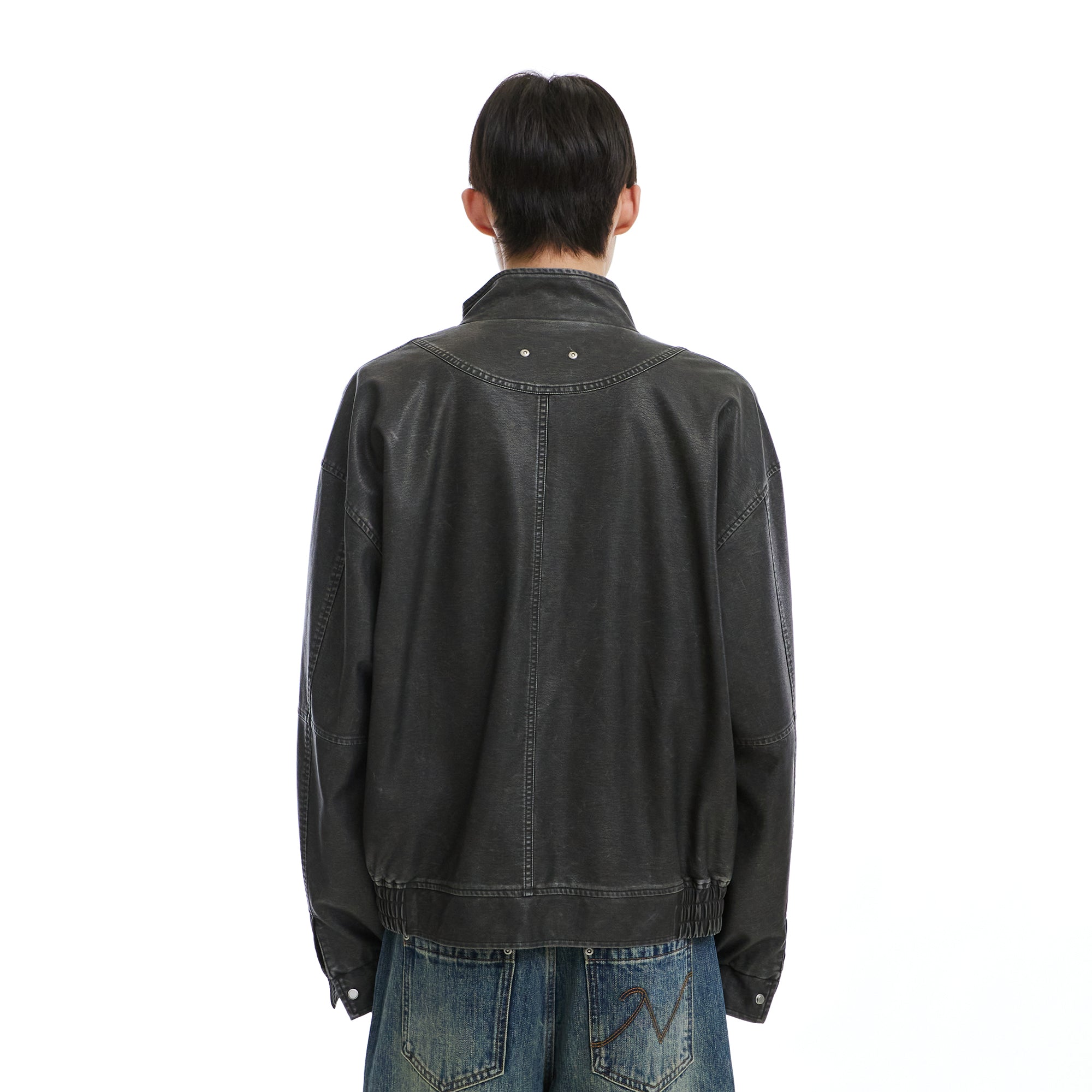NEVERSEEZ Washed Faux Leather Zip-Up Bomber Jacket