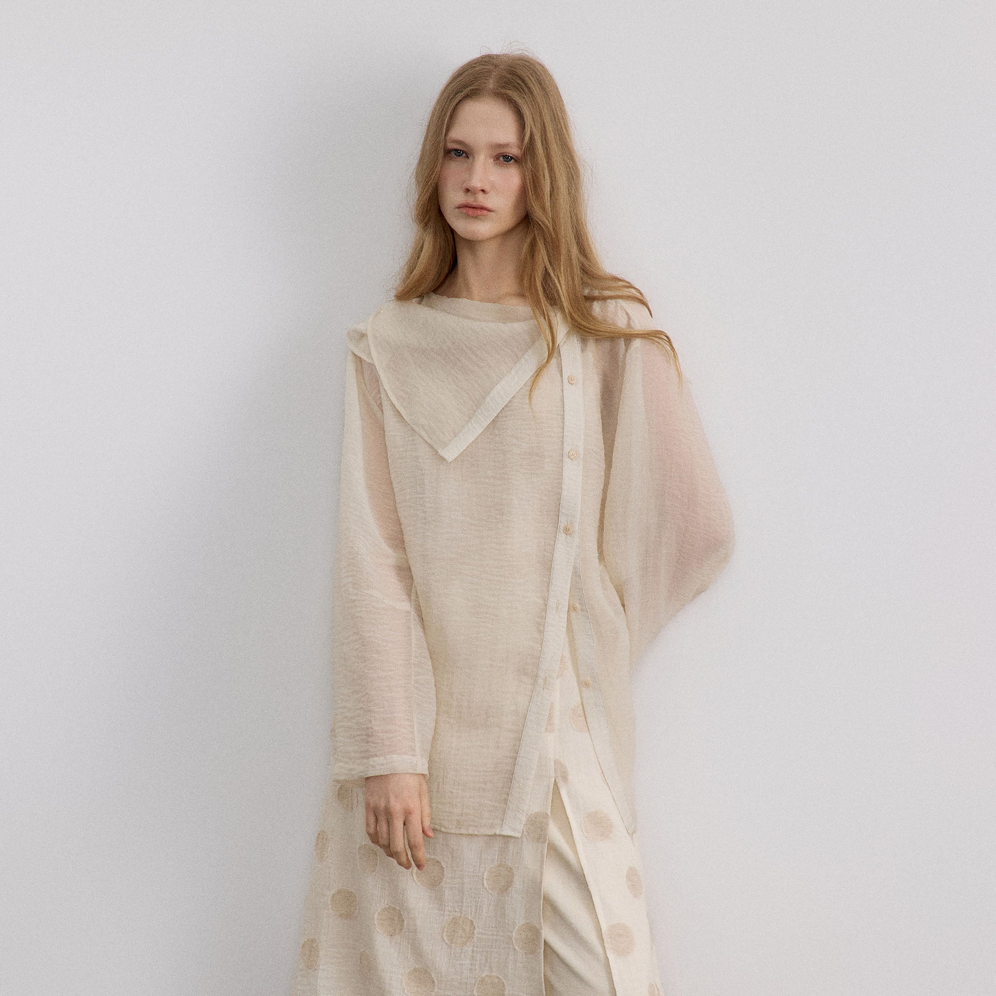 SAME FLOW Draped Collar Asymmetrical-Button Shirt