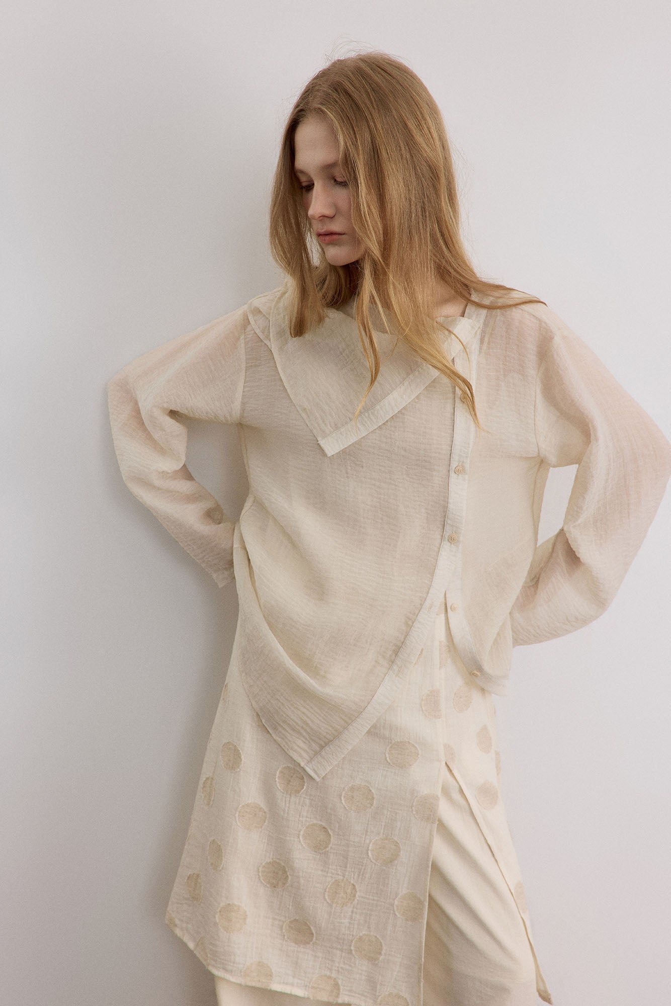SAME FLOW Draped Collar Asymmetrical-Button Shirt