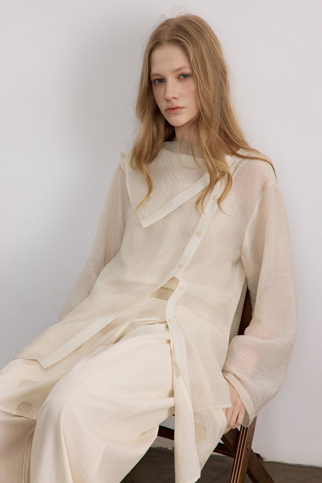 SAME FLOW Draped Collar Asymmetrical-Button Shirt