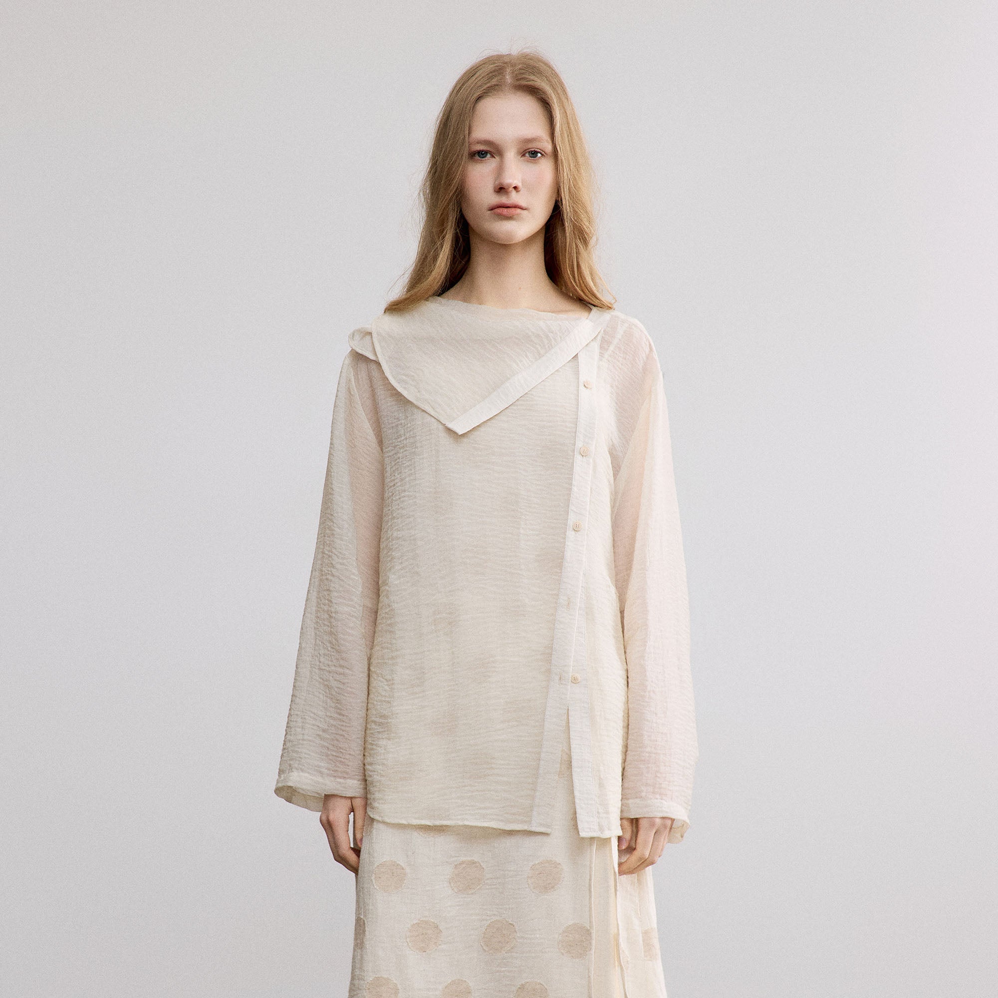 SAME FLOW Draped Collar Asymmetrical-Button Shirt