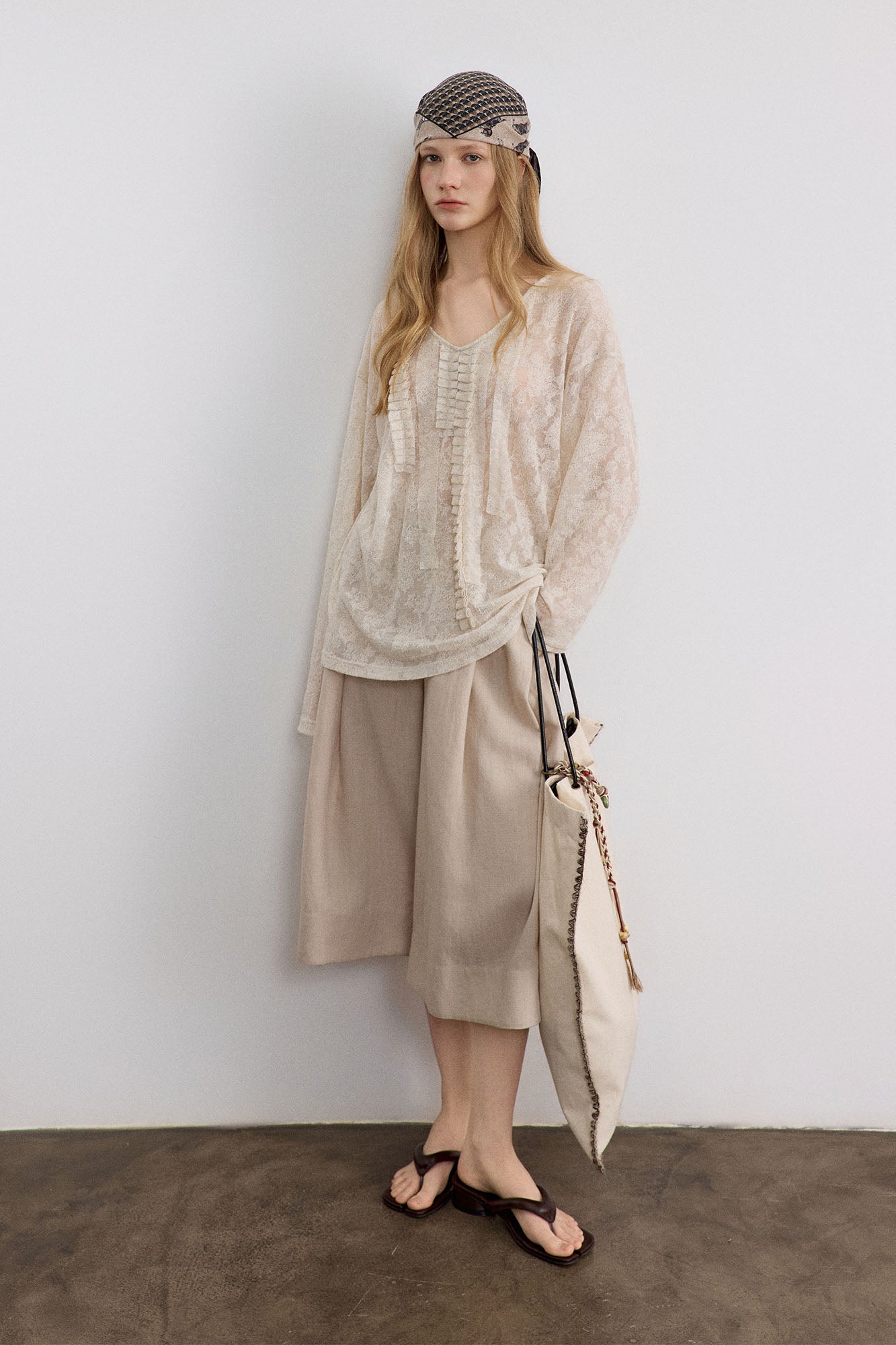 SAME FLOW Sheer Floral Pintuck Long-Sleeve Tee