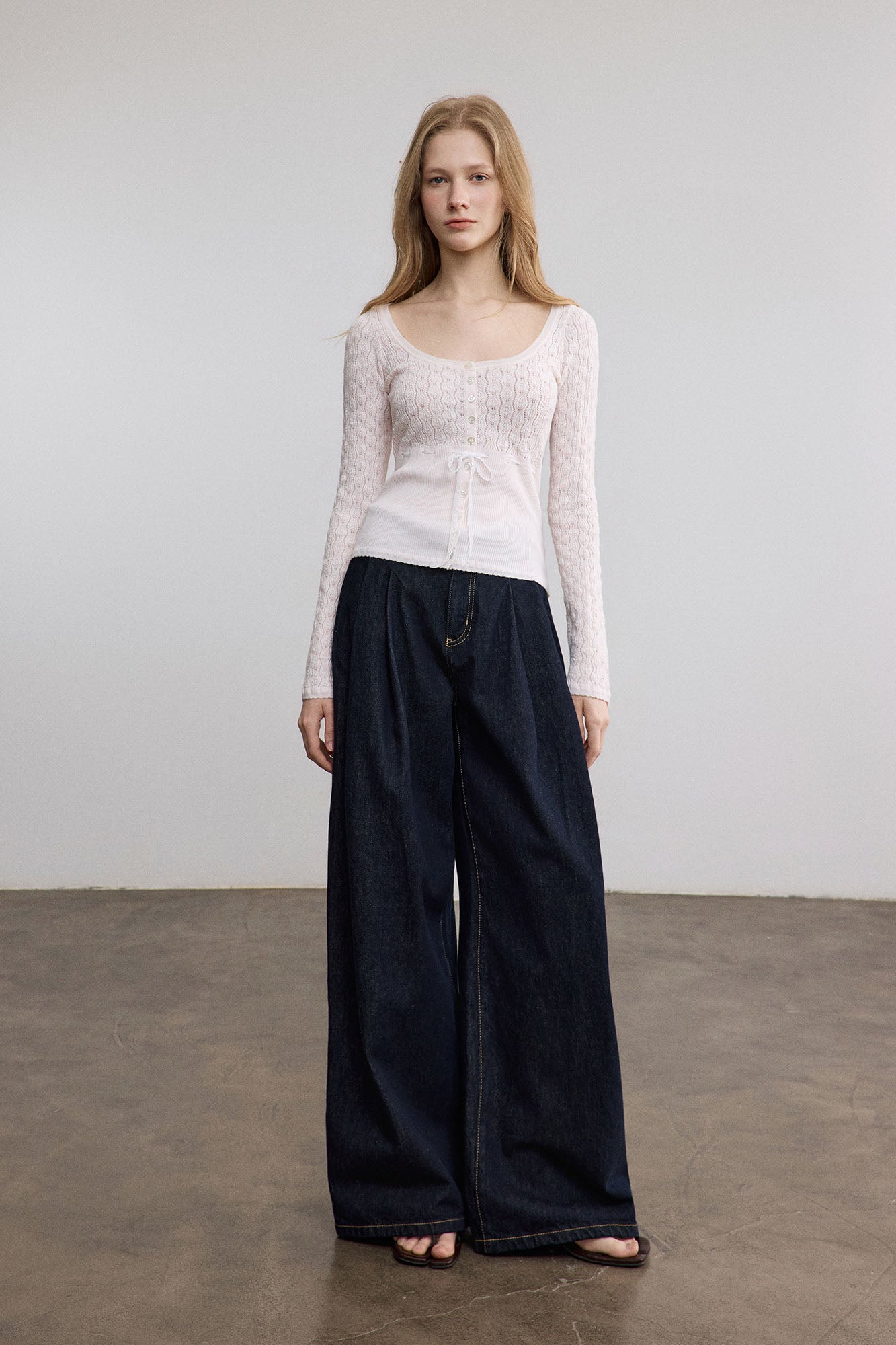 SAME FLOW Pointelle Lace-Tie Long-Sleeve Tee