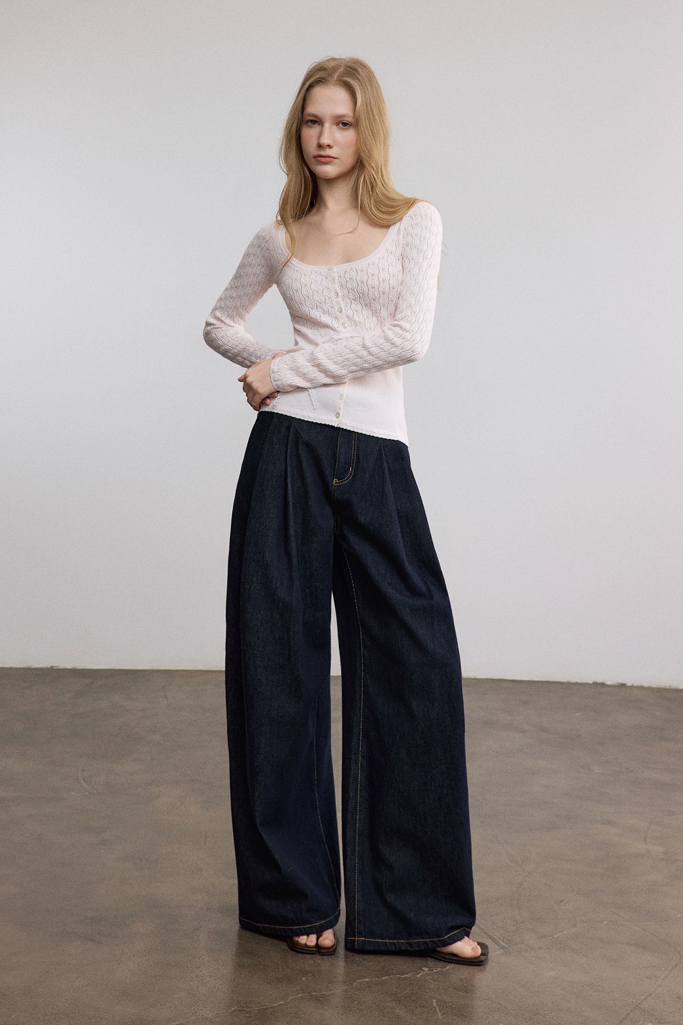 SAME FLOW Pointelle Lace-Tie Long-Sleeve Tee