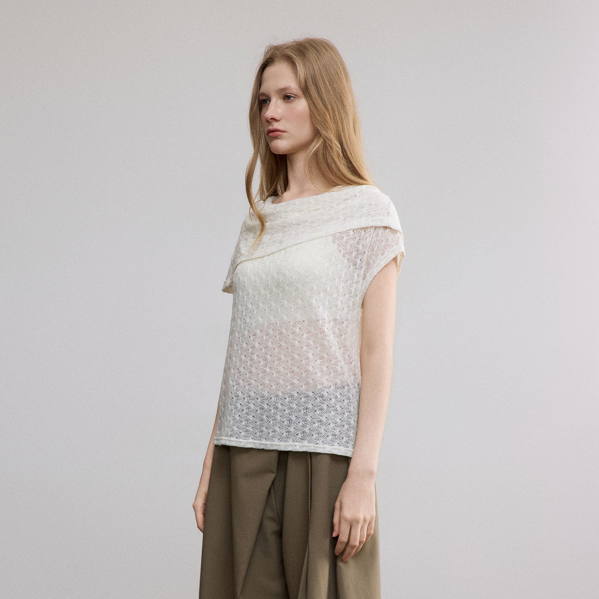 SAME FLOW Sheer Foldover Knit Top