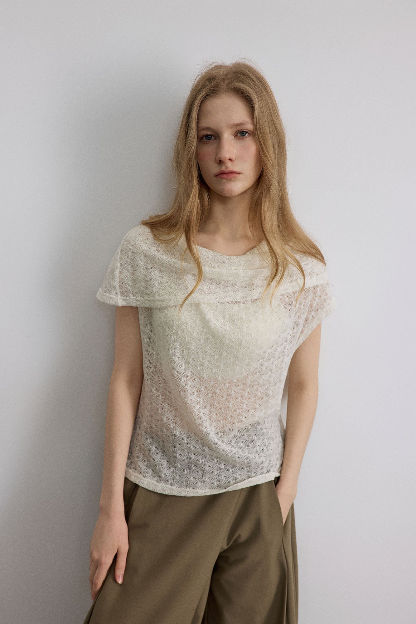 SAME FLOW Sheer Foldover Knit Top