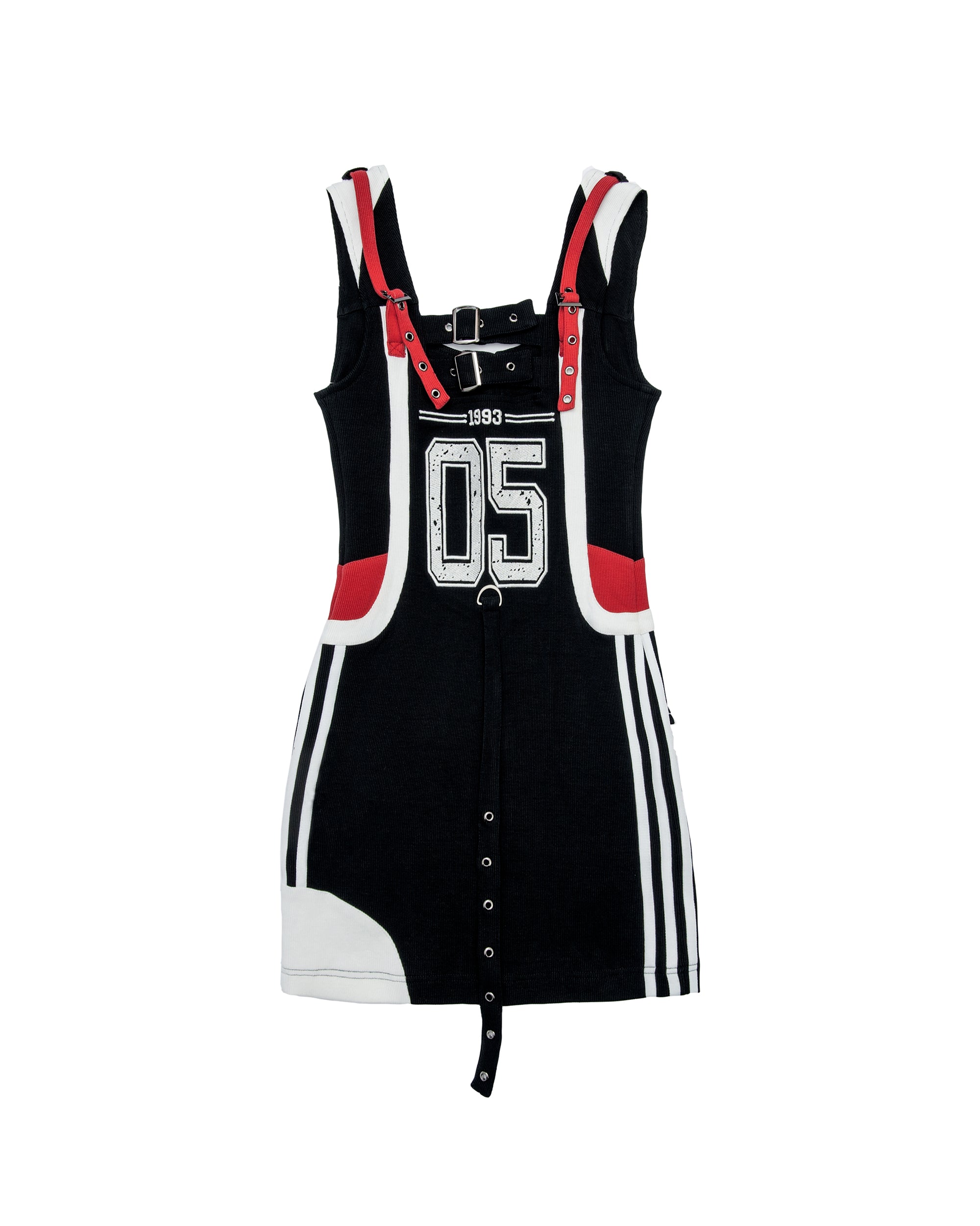 MOGONGSHE Zip-Front Buckle-Strap Racing Mini Dress